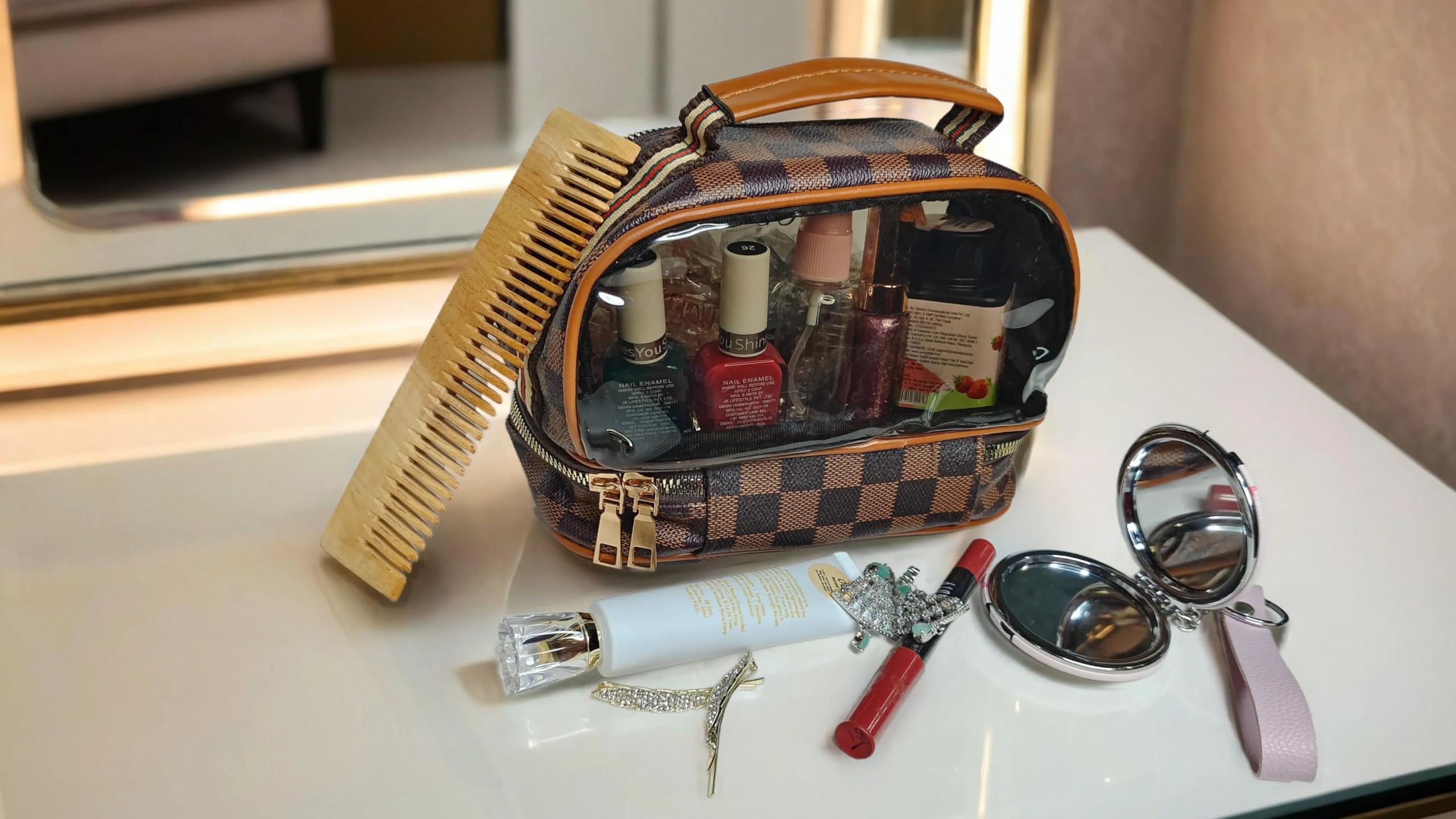 Kshavi Cosmetic Makeup Bag with Zipper, PU Leather Large Clear Makeup Bag Double Layer Travel Makeup Bag Case with Makeup Brush Bag Travel Essentials Organizers Toiletry Bag for Women & Girls (Brown) 1