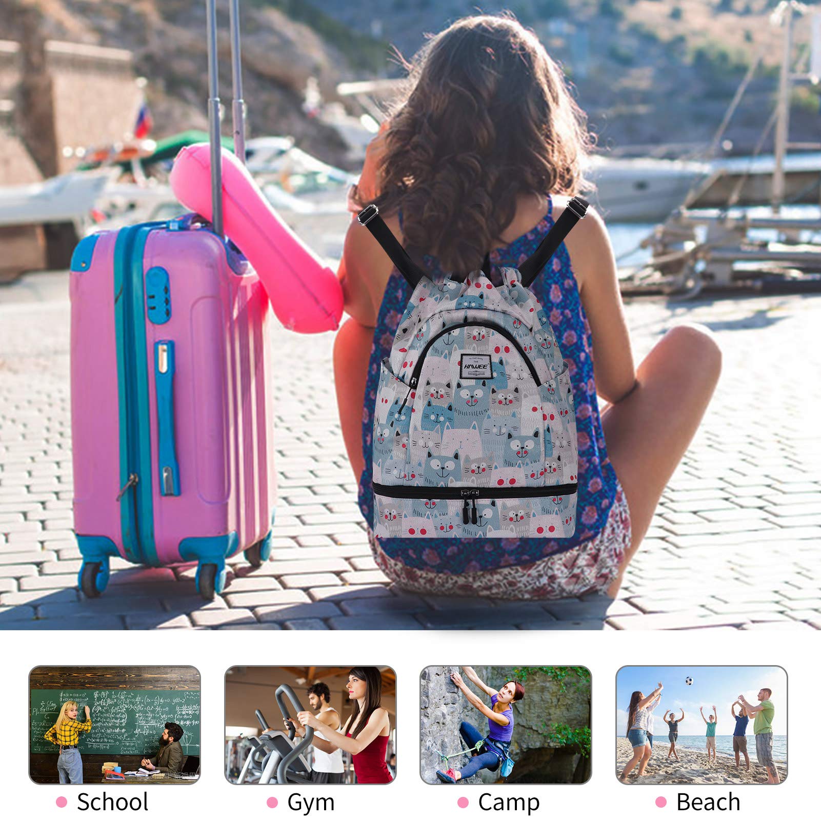 Impermeable Casual Mochila con Cordón Grande Deporte Bolso de Gimnasia Mochila de Cuerda Unisex para Mujer Hombre Vida Cotidiana Aire Libre Yoga Escuela Nadar Playa — view 5