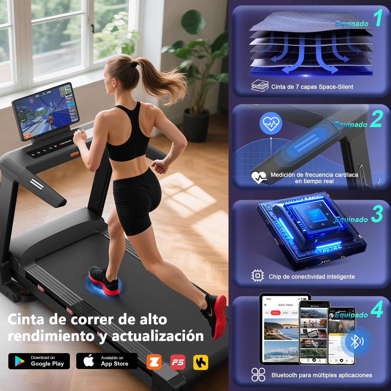 Profi Laufband für Zuhause Klappbar, Laufbänder mit Steigung, Leiser Motor, Treadmill for Home mit Große Lauffläche, WiFi, Bluetooth, APP, für Marathon-Training, Deutsche Qualitätsmarke
