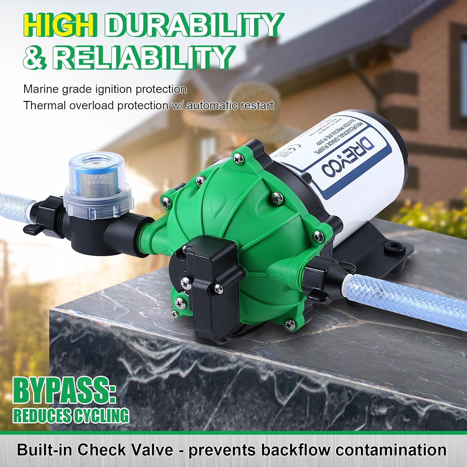 Dreyoo Water Diaphragm Pump, 115V AC, 5.5 GPM, 60 PSI Rated Pressure, 1/2 Threaded MNPT Self Priming Diaphragm Pressure Pump with Pressure Switch for Home, RV, Garden Agricultural Irrigation (Green)