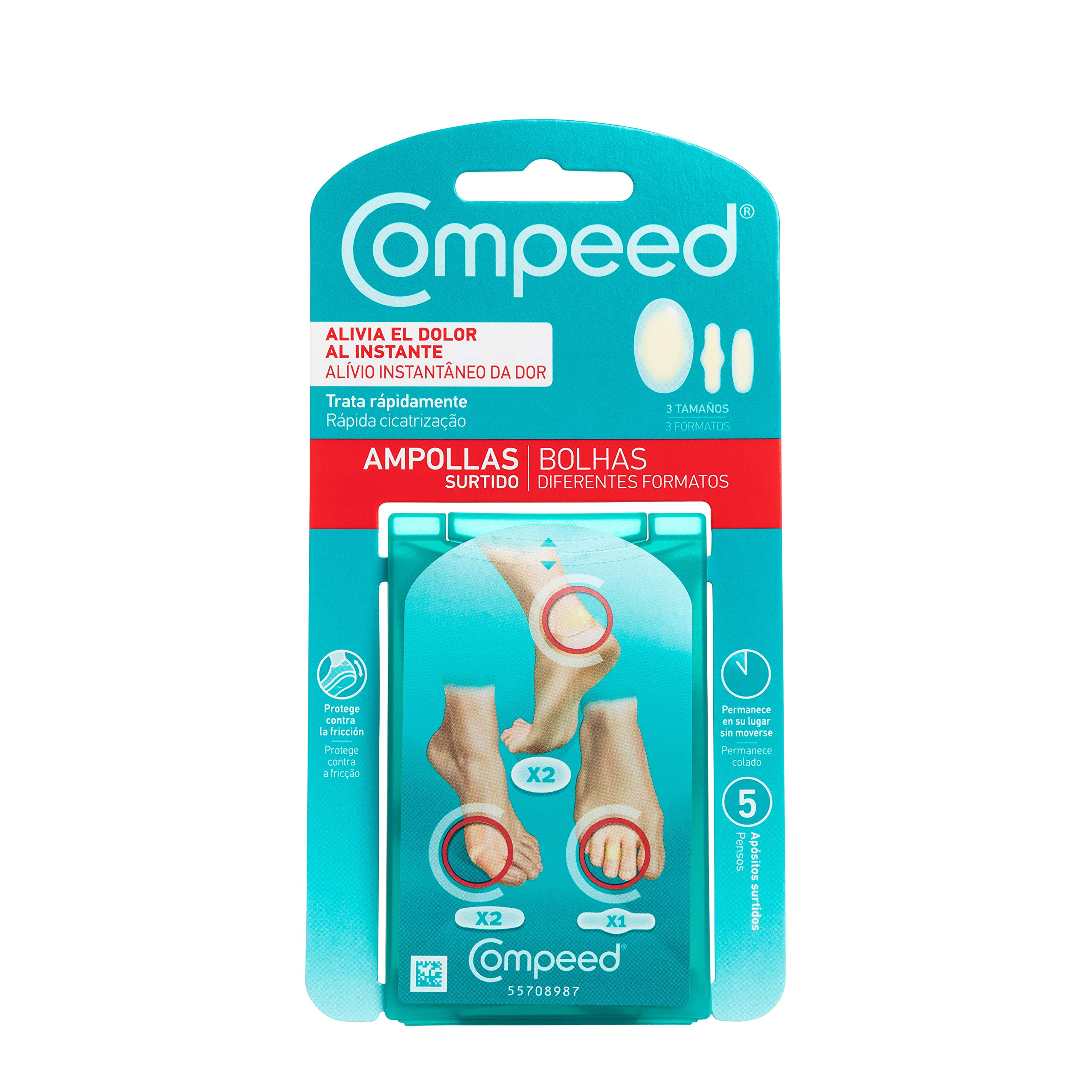 Compeed Blasenpflaster Mixpack – Hydrokolloid-Pflaster in verschiedenen Größen – gegen Blasen an Fersen, Zehen und für kleine Blasen, 5 Pflaster