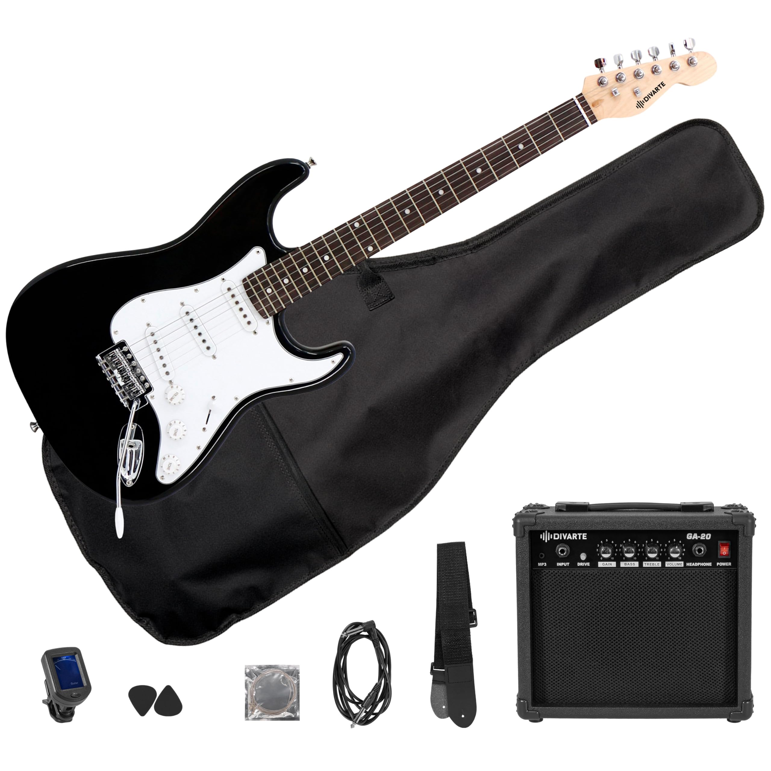 Divarte Pack Guitare Électrique ST 4/4 Black + Ampli guitare GA-20