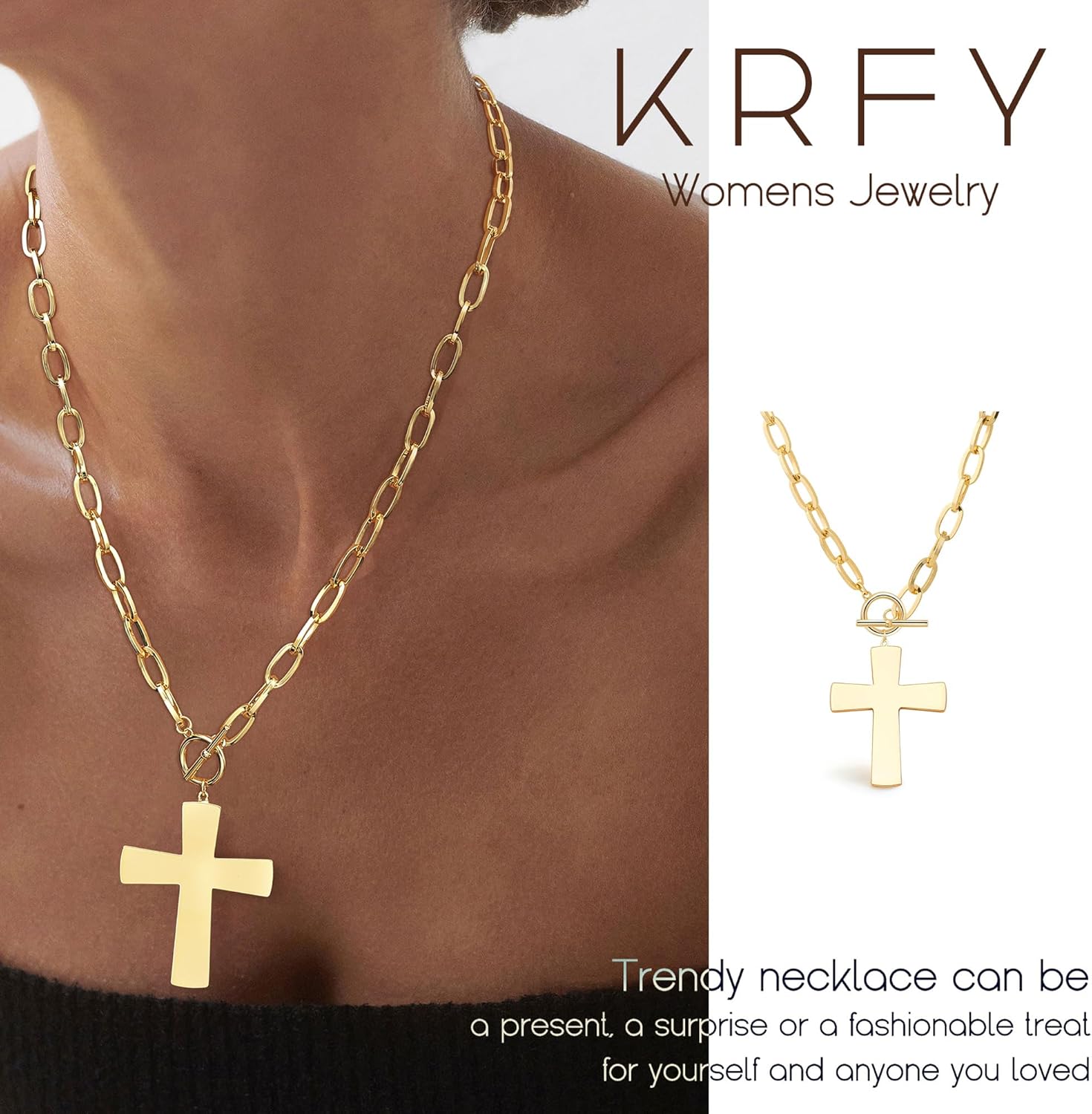 Krfy Valentines Day Gifts for Women Hers Gold Chunky Heart Necklace for Women, Hammered Cross Necklace for Women Non Tarnish, Dainty Toggle Necklaces Paperclip Chains Jewelry 45cm - Image 3