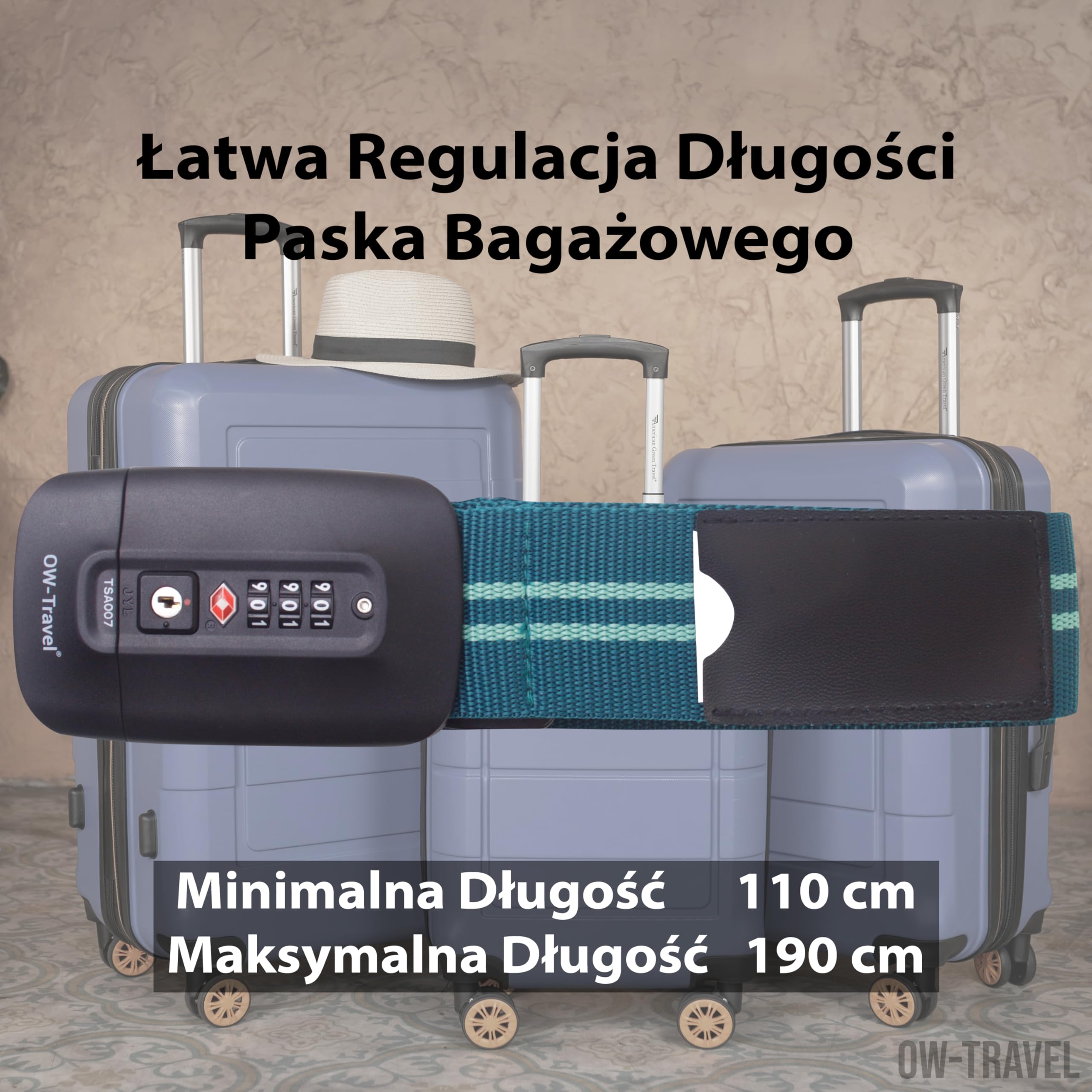 OW-Travel Spersonalizowane paski bagażowe z zamkami do walizek(Niebieski/Zielony) Łatwe do zauważenia paski walizkowe TSA etykietami bagażowymi.Pasek podróżny blokadą.Zamykane zamki do walizki