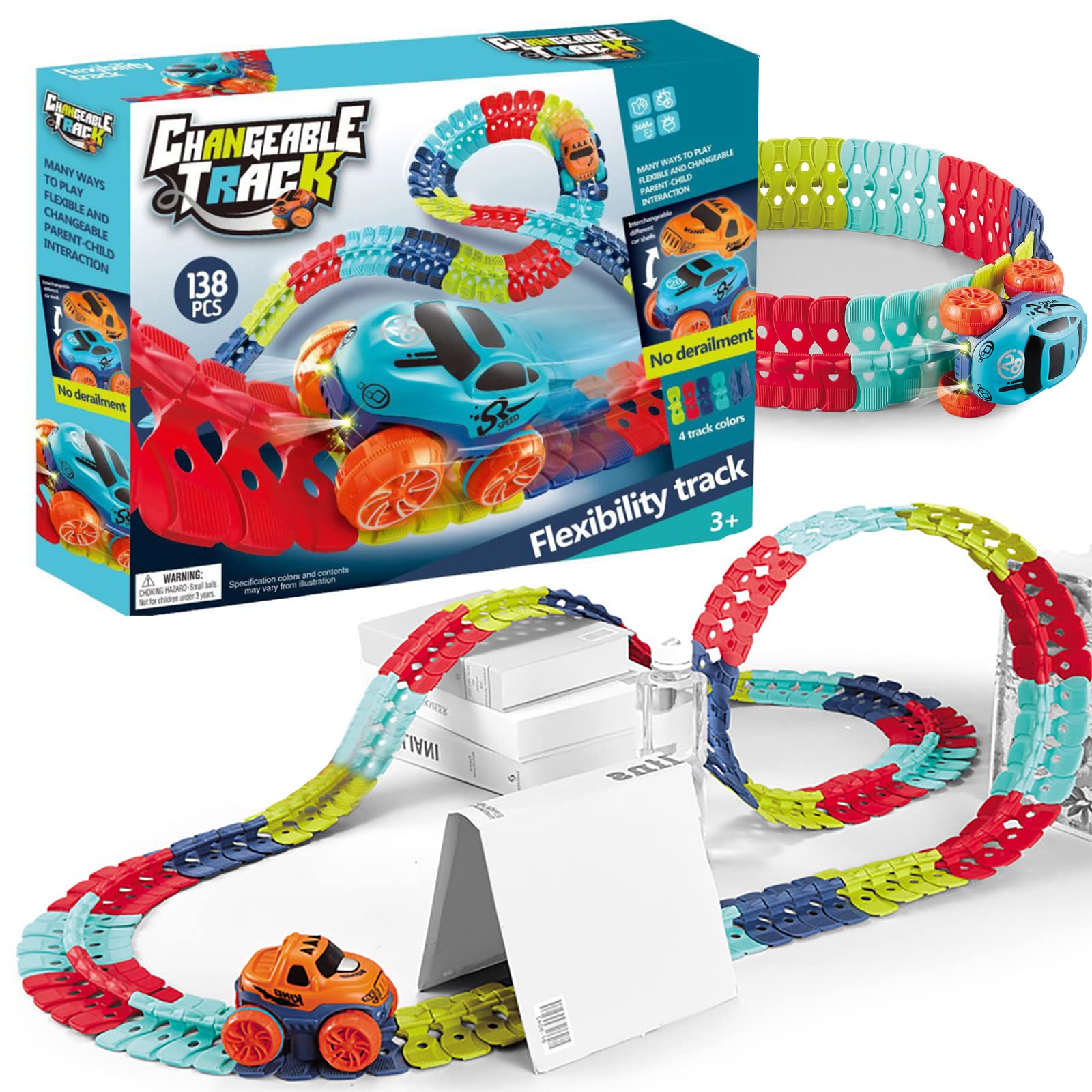 Race Car Track Train Toy Cars 138Pcs, Changeable Track Set Includes 1 LED Light Up Race Car Toy and 2 Covers, DIY Race Track Toys Birthday Gifts for Kids Ages 3 4 5 6 Boys & Girls