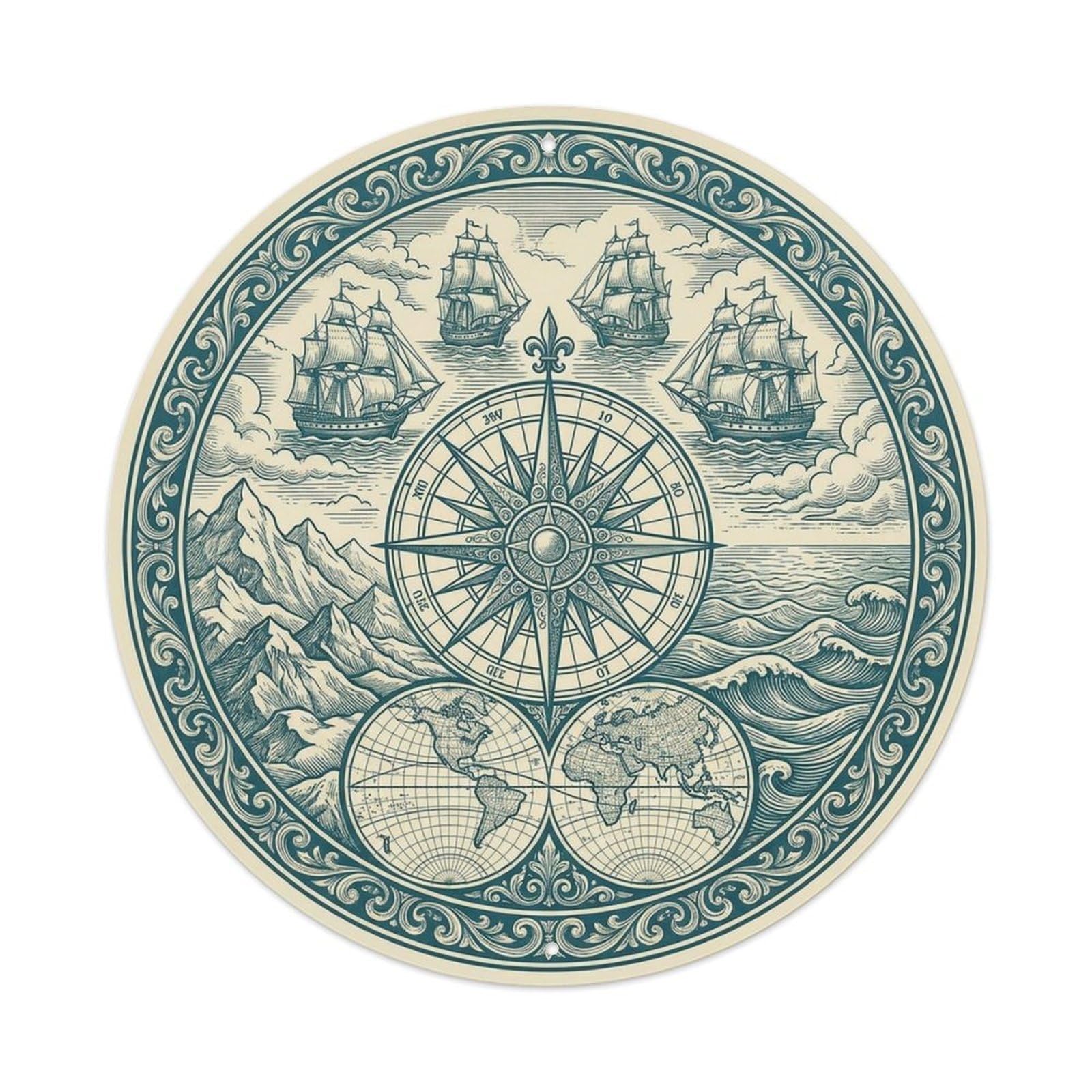 Vintage Nautical Compass World Map Heading Chronicle Metal Tin Sign