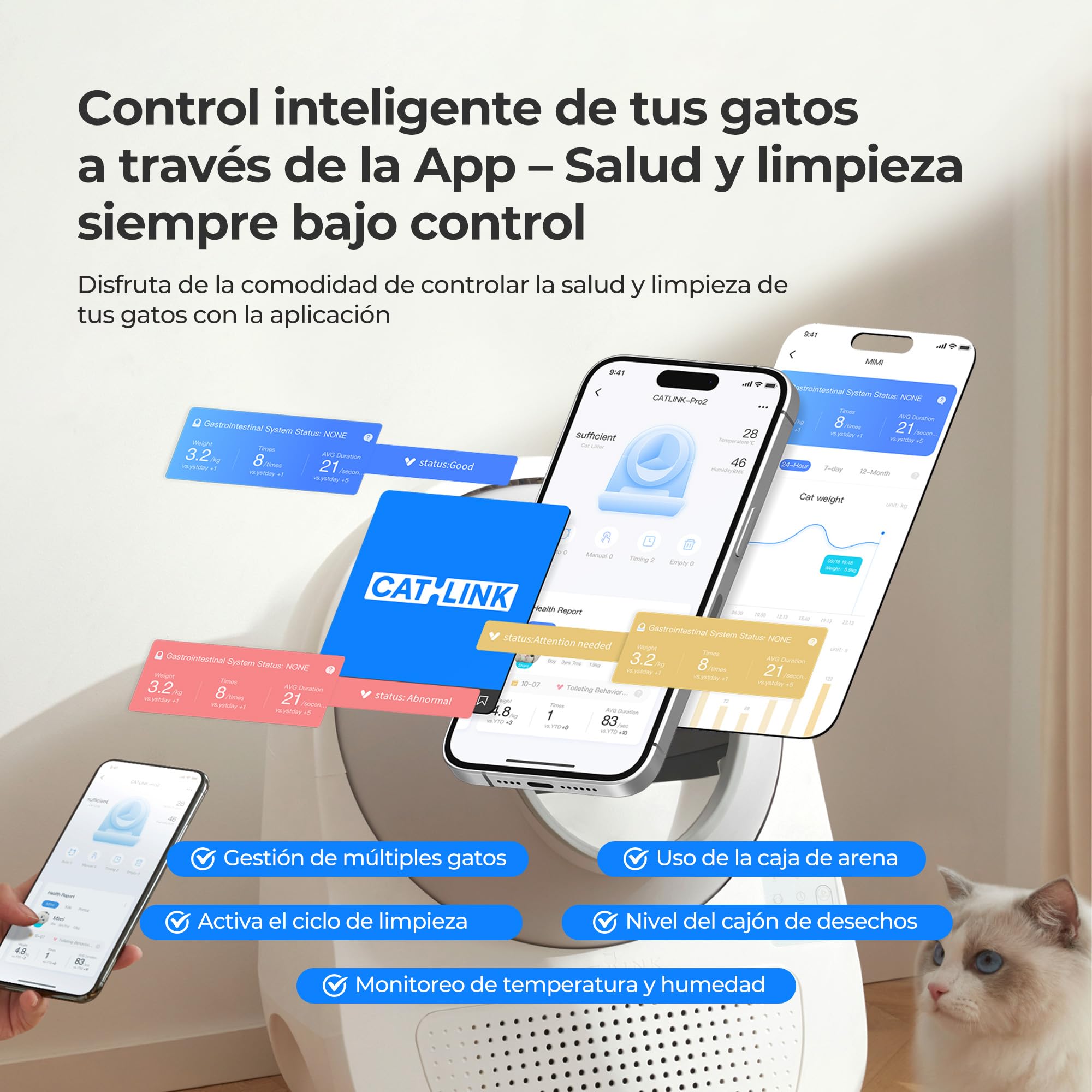 Arenero Autolimpiante CATLINK Pro-X con App y Contenedor de Residuos de 13L para Gatos Grandes, 4 Modos de Limpieza, Control de Olores 4X (Ozono+UV+Carbón Activado+Gel Desodorante)