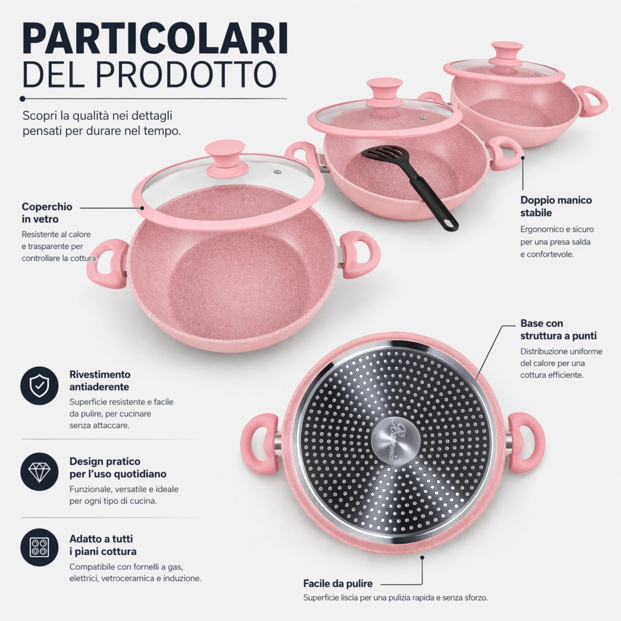 VKZ Set Pentole e Padelle 3 Pezzi, 3 Padelle Antiaderenti con 3 Coperchi in Vetro + 1 Utensili da Cucina, Rivestimento Antiaderente, Manici Ergonomici, Adatte a Gas e Induzione(rosa)