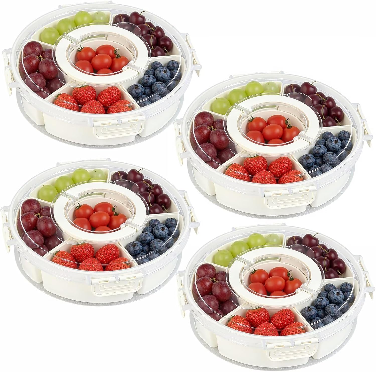 4 Packs Divided Serving Tray with Lid and Handle, Portable Round Snackle Box Container with 6 Compartments, Snack Bento Box for Party, Picnic, Travel, Beige