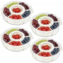 4 Packs Divided Serving Tray with Lid and Handle, Portable Round Snackle Box Container with 6 Compartments, Snack Bento Box for Party, Picnic, Travel, Beige