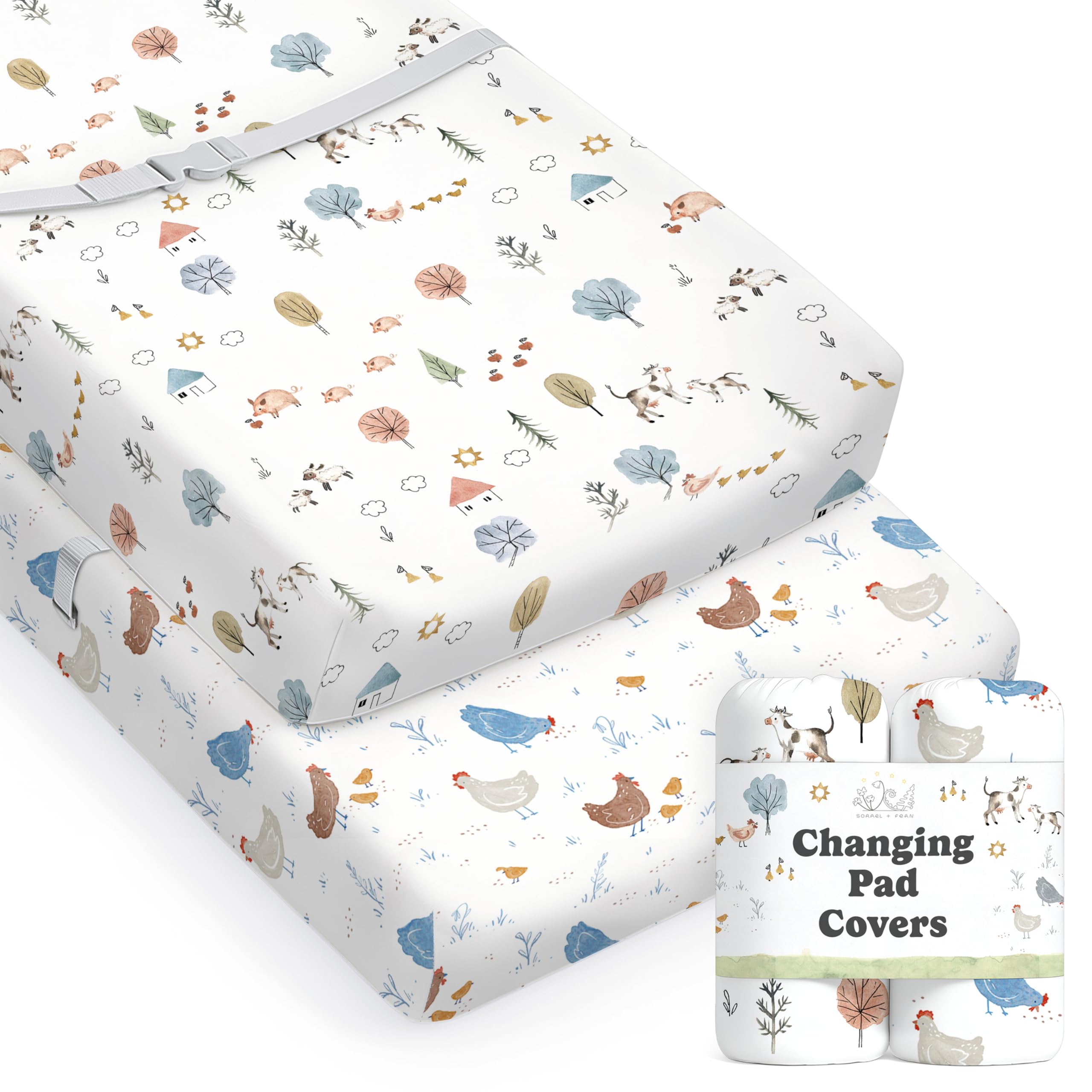 Baby Changing Pad Cover 2-Pack for Boys, Girls (Farm Animals) - Premium Fitted Sheets Baby Diaper Changing Table Cover - Buttery Soft Cotton Blend