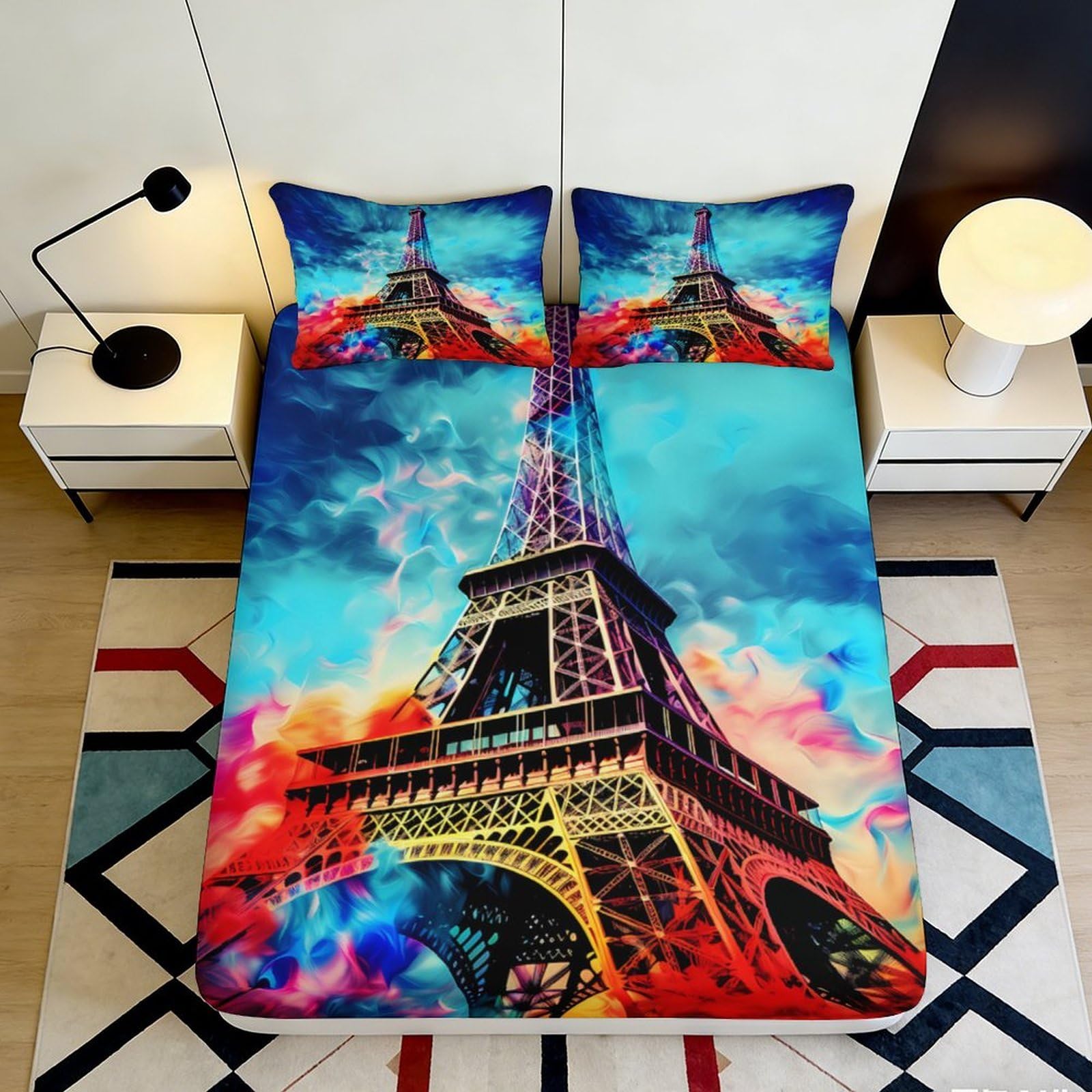 3D Printed Eiffel Tower Fitted Sheet Microfiber Soft Colorful Mattress Cover for Bedroom Guest Room Decor 120x200x25cm