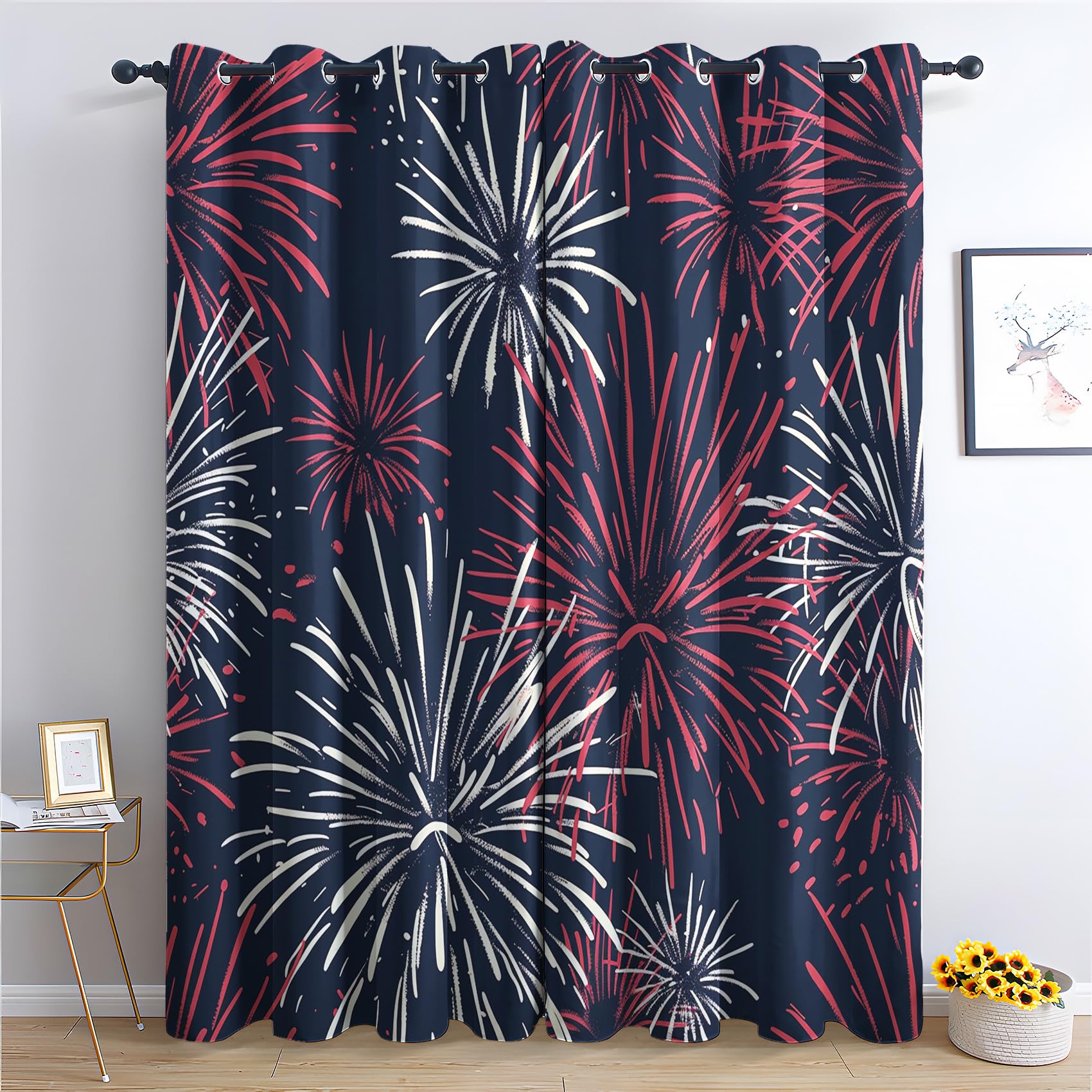 Firework Curtains for Bedroom Living Room - Red White Blue Blackout Curtains 66x90 Inch (Width x Drop), Thermal Insulated Eyelet Curtains & Drapes, Decorative Patterned Window Treatments C-#231