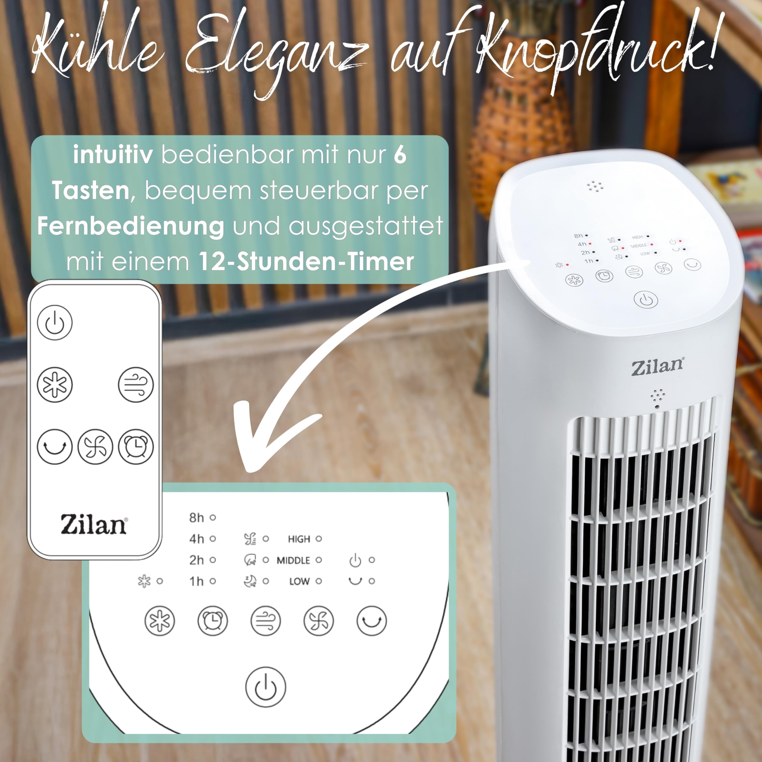 3in1 Standventilator mit Wasserkühlung sehr leise - Mobile Klimaanlage ohne Abluftschlauch -Verdunstungskühler Aircooler Turmventilator mit Fernbedienung Luftreiniger 12H Timer Tower Fan (Turm Design)
