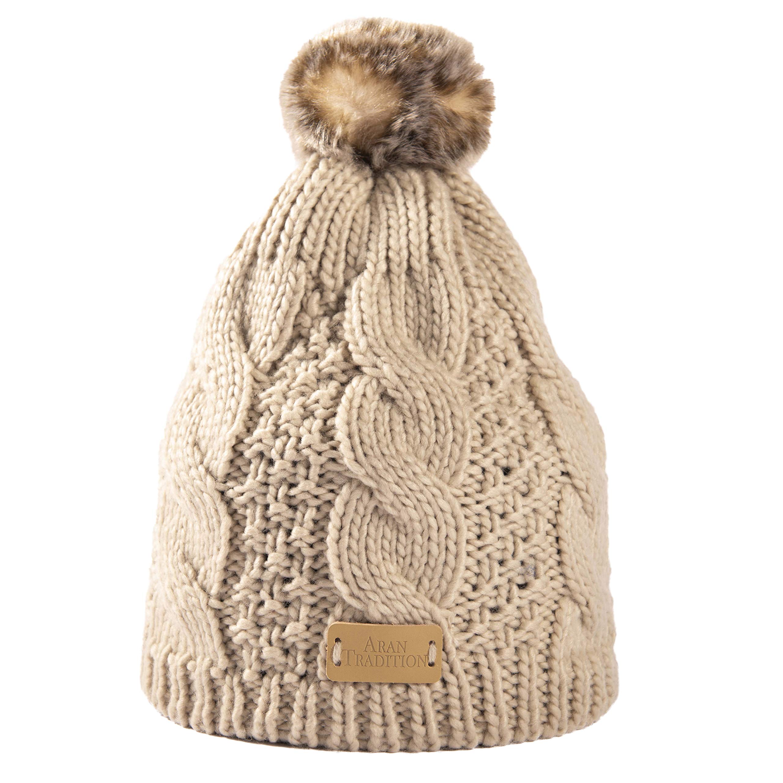 Aran Traditions Warm Winter Cable Knit Faux Fur Bobble Beanie Hat (Oatmeal)