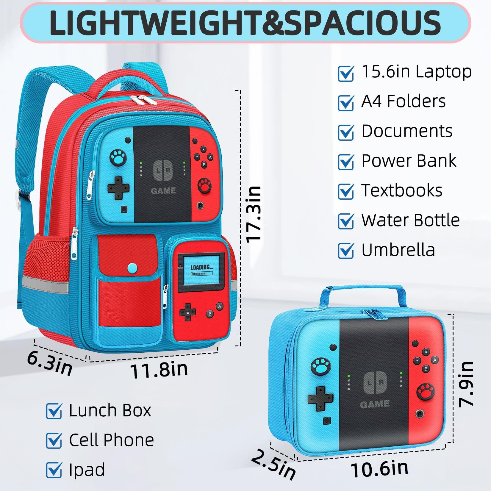 TILYTADLY Zaino scuola per ragazzi – Zaino gamer per scuola media elementare Bookbag, Set zaino rosso-blu, 17.3"x6.7"x12.2", moderno