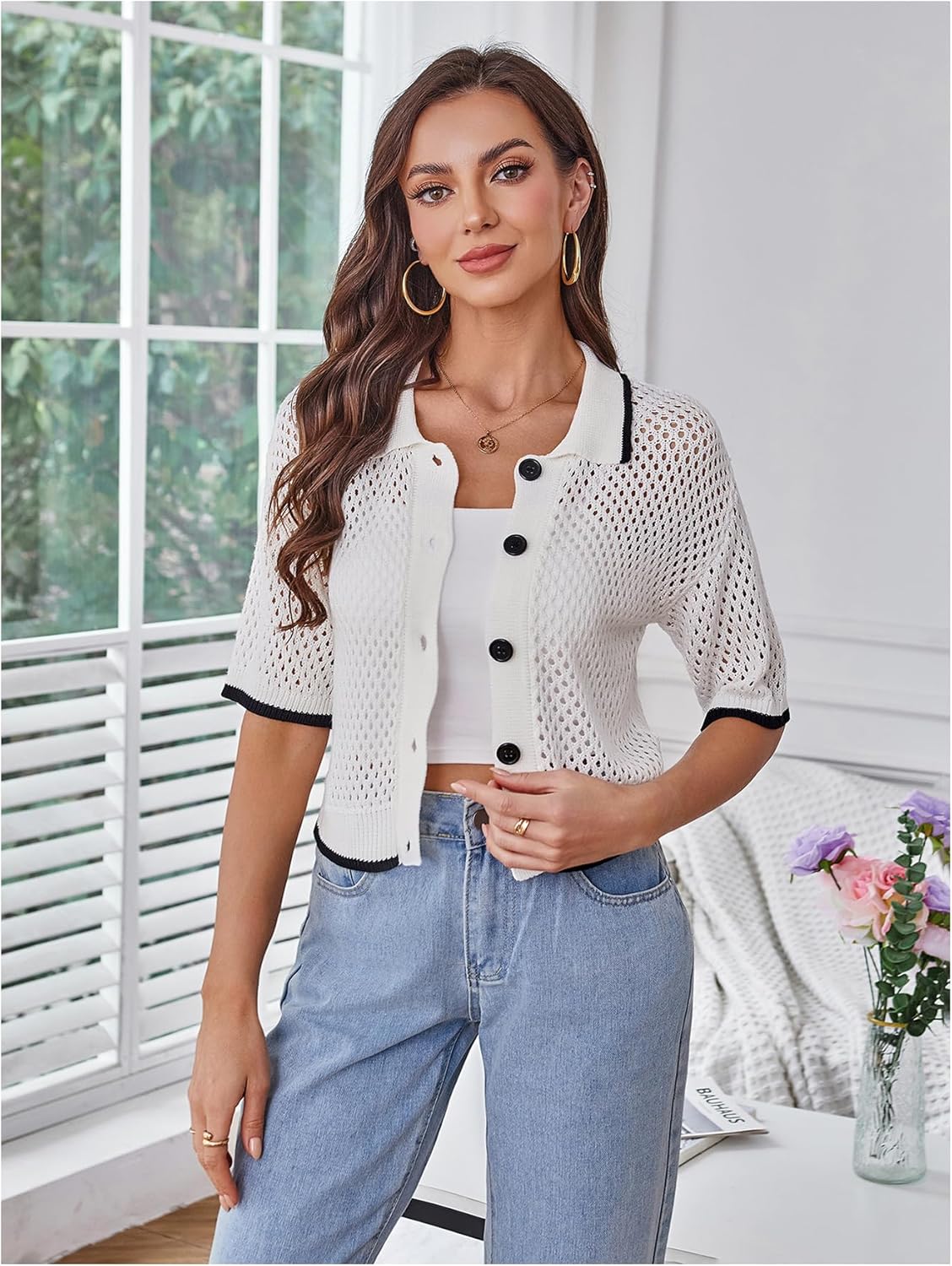 GORGLITTER Women's Crochet Short Sleeve Cropped Cardigan Sweater Button Up Hollow Out Summer Contrast Binding Knitwear - Image 4
