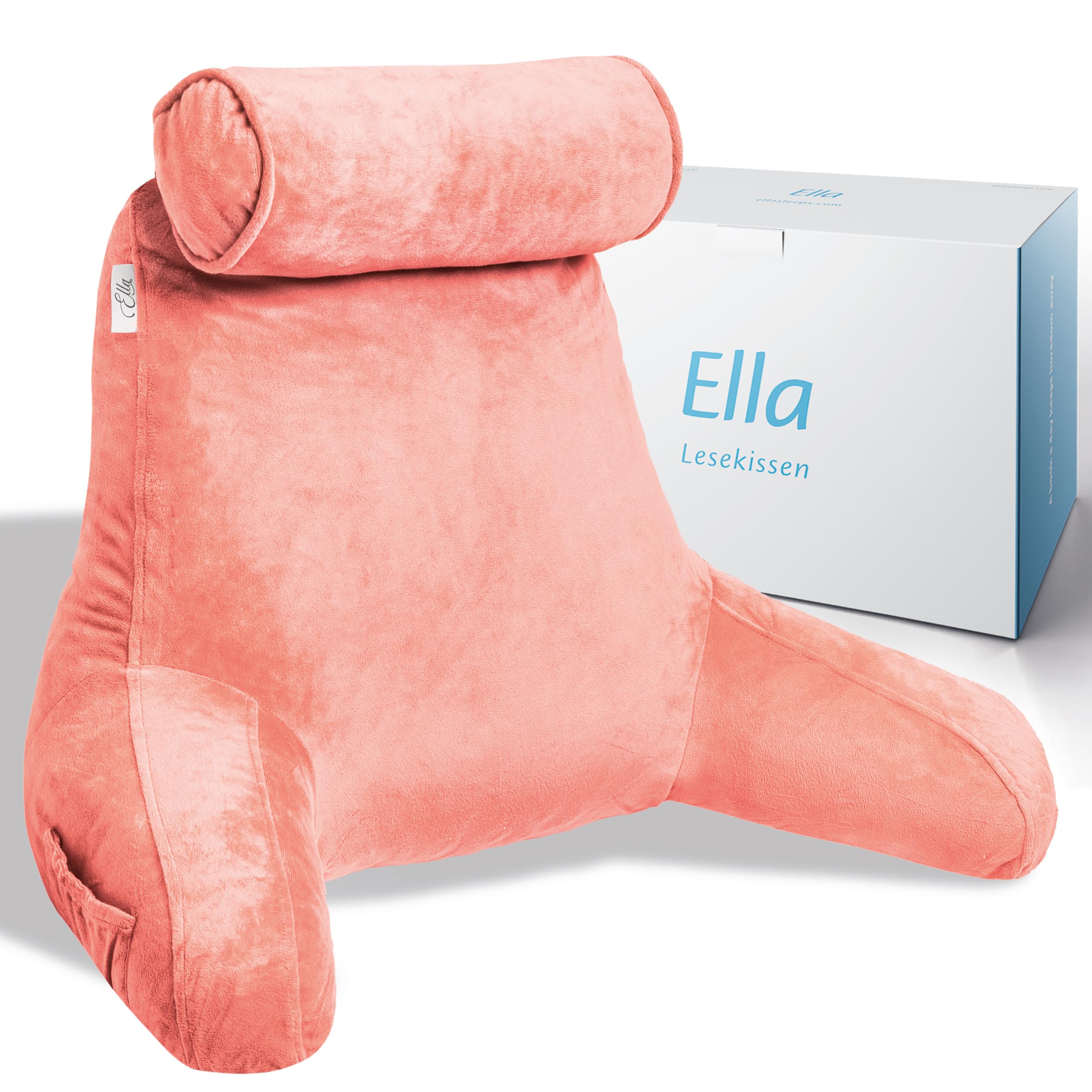 Ella Lesekissen für Bett und Sofa mit Abnehmbarer Nackenrolle - Rückenkissen Bett - Reading Pillow aus Memory Foam mit Armlehne, Ideal zum Lesen, Fernsehen, Faulenzen oder als Rückenstütze - Rosa