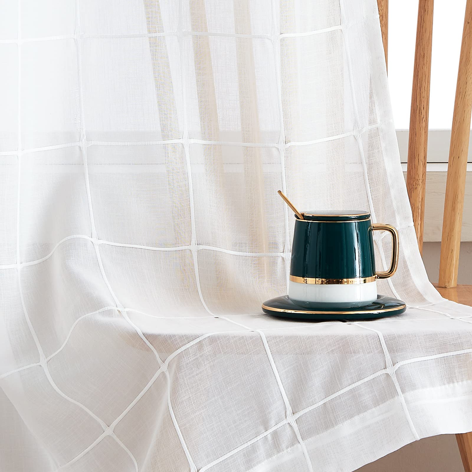 Treatmentex White Sheer Curtains for Living Room 84inch Long Embroidered Modern Check Curtains Panels for Bedroom Light Filtering Plaid Window Drape Grommet Top 2Panels