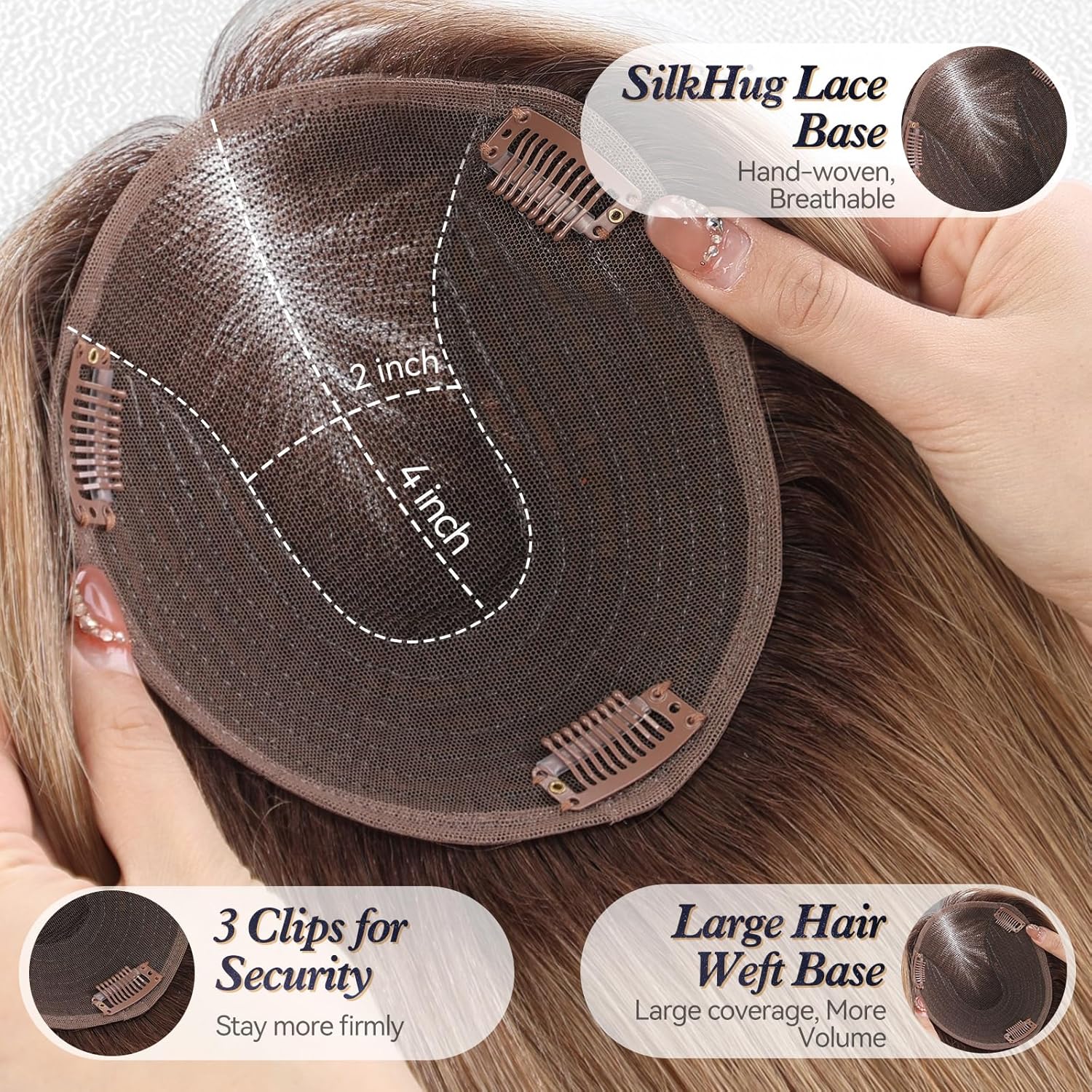 starluck 6x5 inch Large Swiss Base SilkHug 14 Inch Real Human Hair Toppers,60 Gram, 100% Real Human Hair Toppers for Women with thinning (Ombre Light Brown,with Bangs)