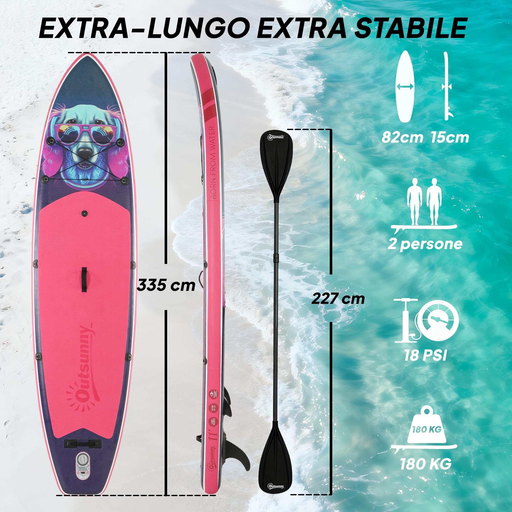 Outsunny Tavola Sup Gonfiabile Adulti, 335 cm Extra-Lunga Stand Up Paddle Board con Sedile, Pagaia Convertibile, Ponte Antiscivolo, Zaino, Pompa, 3 Pinne, Custodia Telefono Impermeabile, Carico 180kg