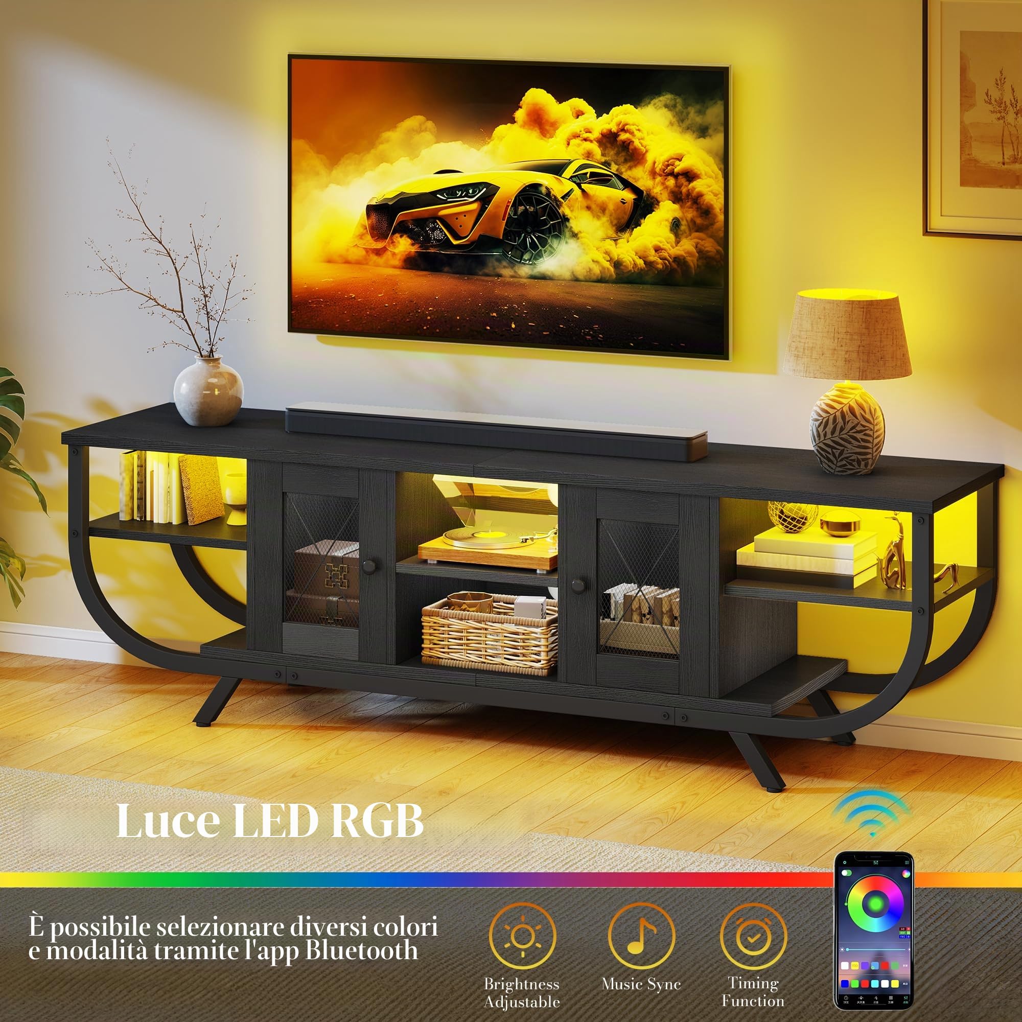 YITAHOME Industriale Mobile TV 140cm, Tavolino Porta TV fino a 55 Pollici, Mobile Porta TV Soggiorno con Illuminazione LED & Rangement Spazioso Mobiletto,TV Mobili TV per Soggiorno, Nero