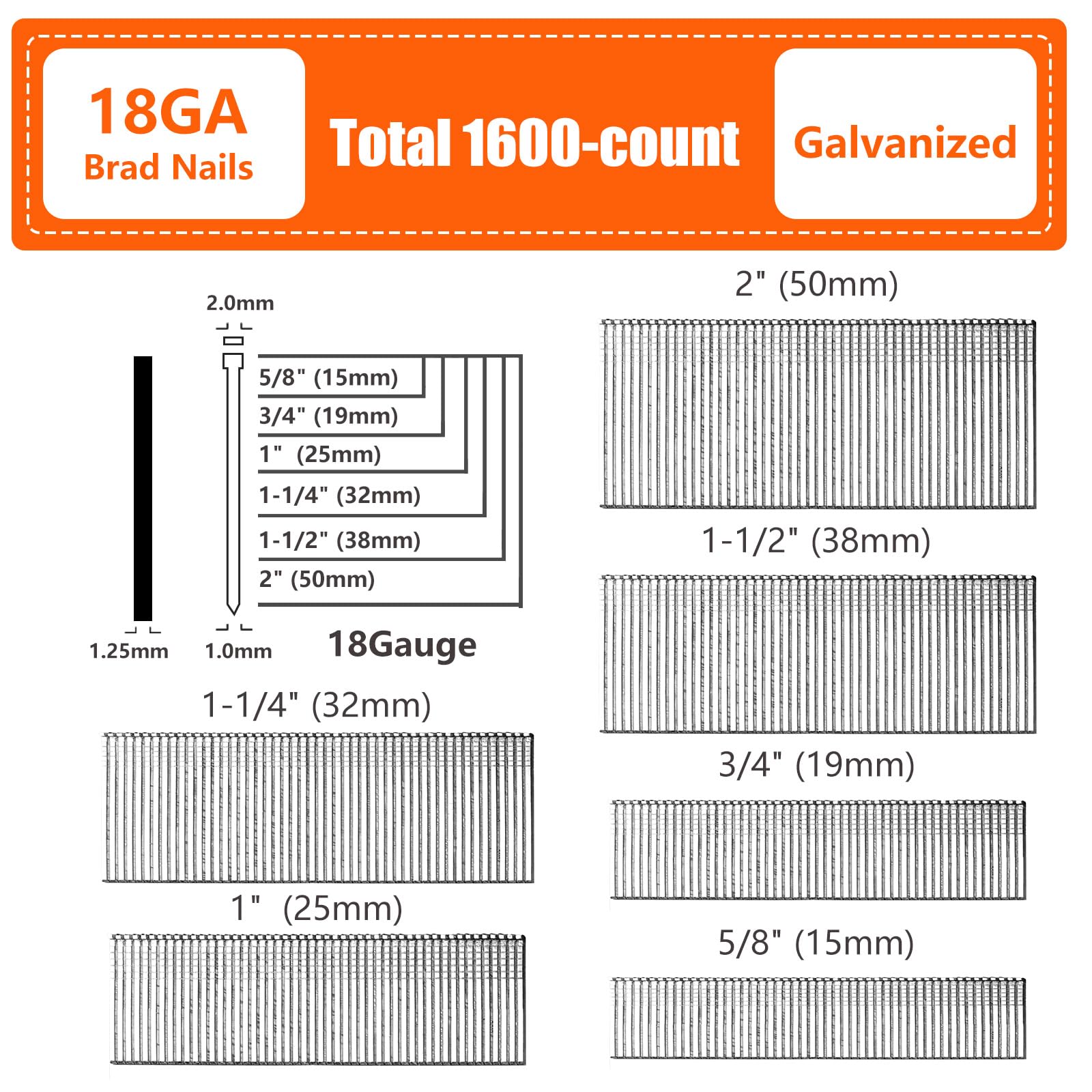 SITLDY 18 Gauge Galvanized Brad Nails Brown T-head 6 Sizes 1600-Pack