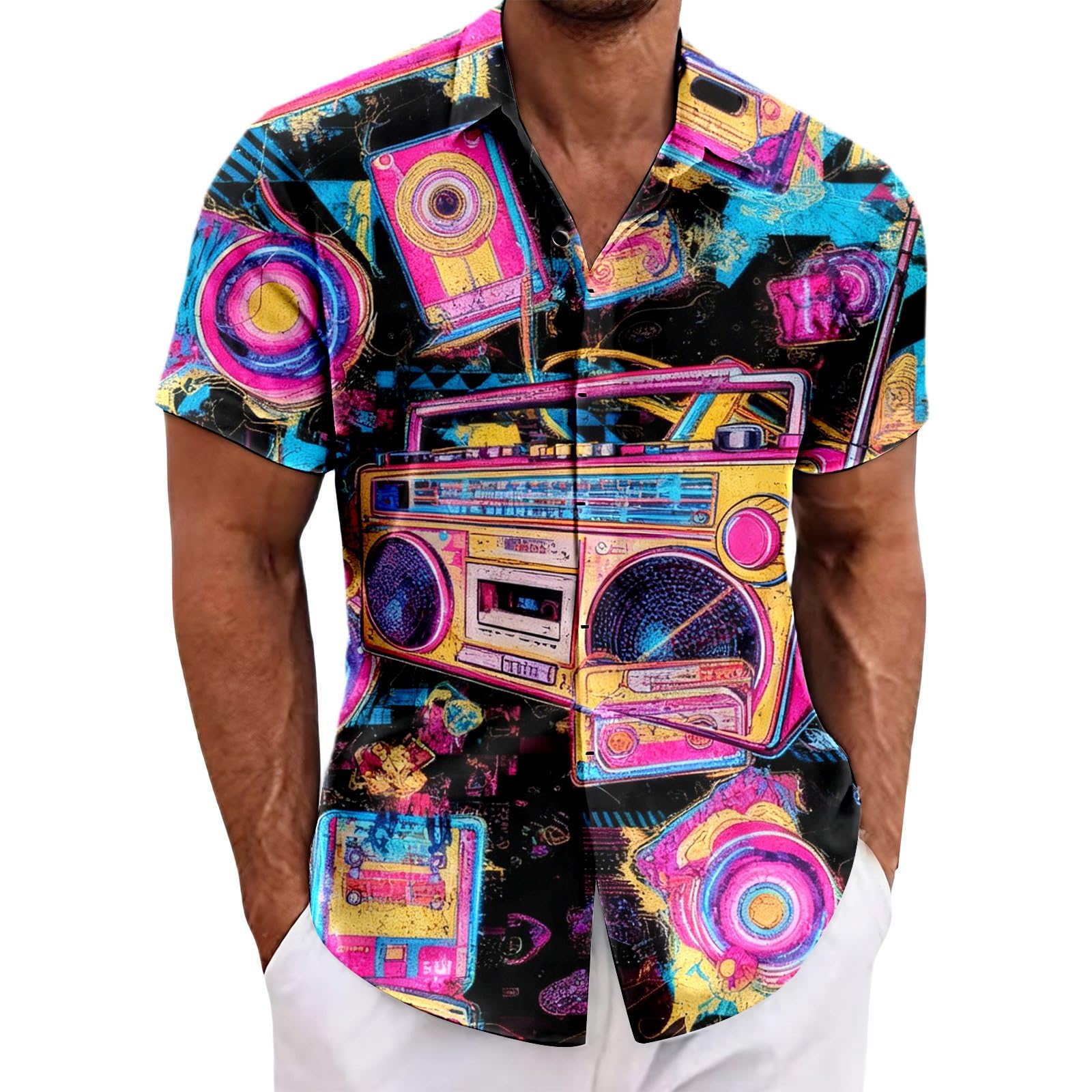 RUMAOZIA Men's Hawaiian Shirt 80s 90s Style Short Sleeve Carnival Fancy Dress Outfit 80s Shirts 90s Button Up Shirt Retro Hawaiian Beach Shirt Neon Disco Funny Party Shirts Colourful Vintage Shirts โ image 1