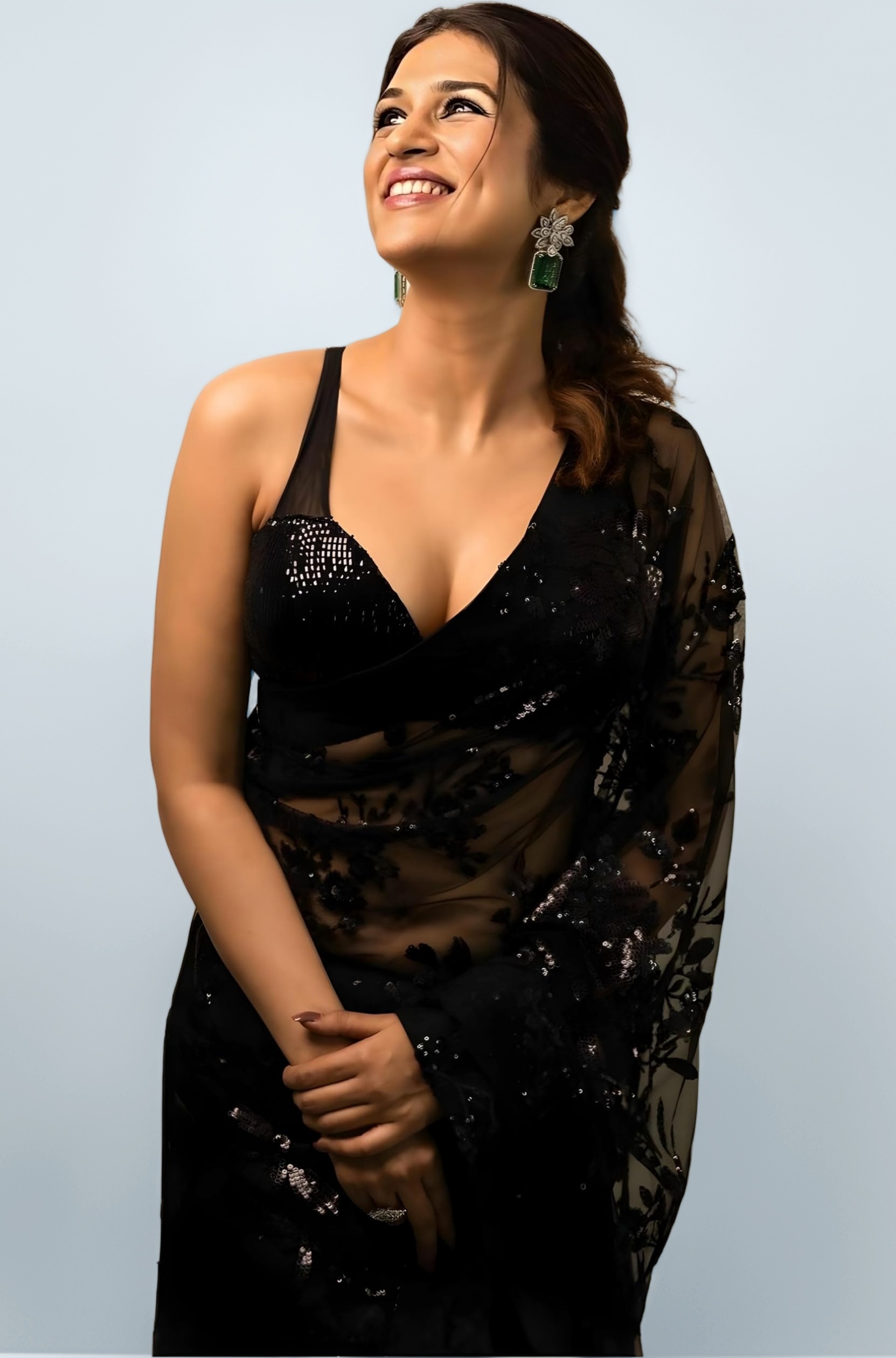 StyleScope Women's Net Sequence Embroidered Work Saree With Art Silk Unstitched Blouse Piece (Diamond Sequence Black_Black_Free Size)