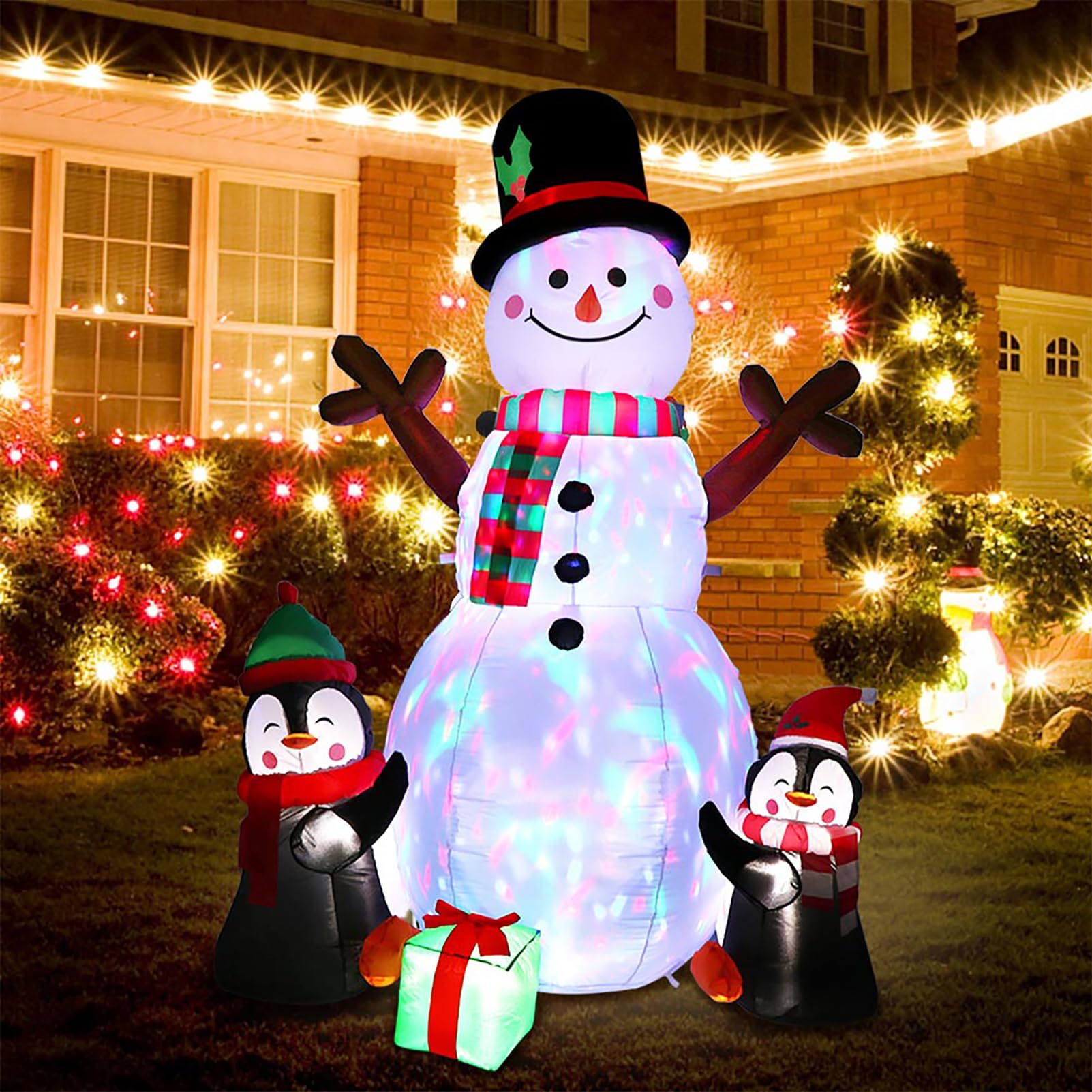 Decoraciones Inflables Navideñas De Pingüino Muñeco De Nieve De 6 Pies con Luces LED Giratorias, Adornos Inflables Modelo Navideños, para Decoración Navideña En Interiores Y Exteriores