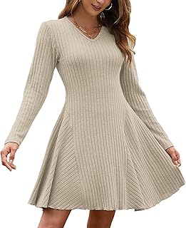 AUSELILY Autumn Dress Women's Lightweight Knitted Dress A Line Long Sleeve Dress Autumn V Neck Winter Dress Elegant Jumper Dress