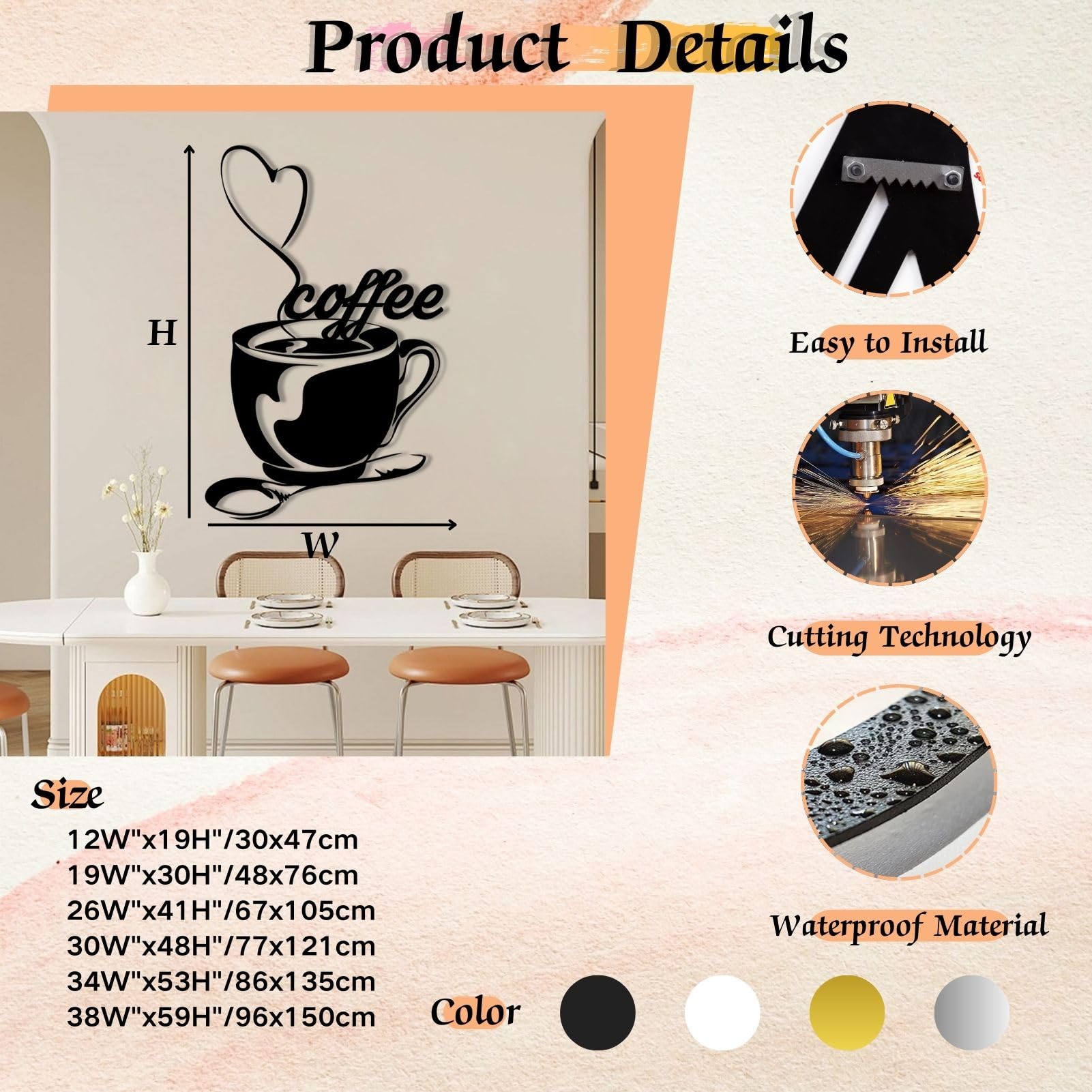 Schwarze Kaffeetasse aus Metall als Wanddekoration, Herzförmiger Löffel aus Metall als Wanddeko für Cafés, Moderne Kaffeeskulptur für Wohnzimmer, Schlafzimmer, Flur, Heimdekoration (Gold 30"