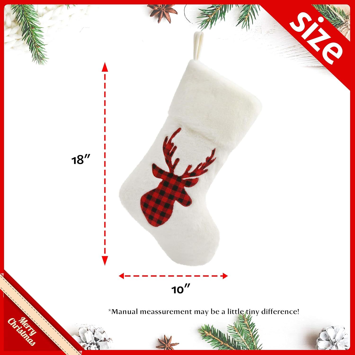 Houwsbaby 2 Pcs Christmas Stockings Set Plush Holders with Tartan Reindeer Snowflake Soft Fuzzy Socks Kit Holiday Ornament Party Decoration Gift Bags for Family, White,18''