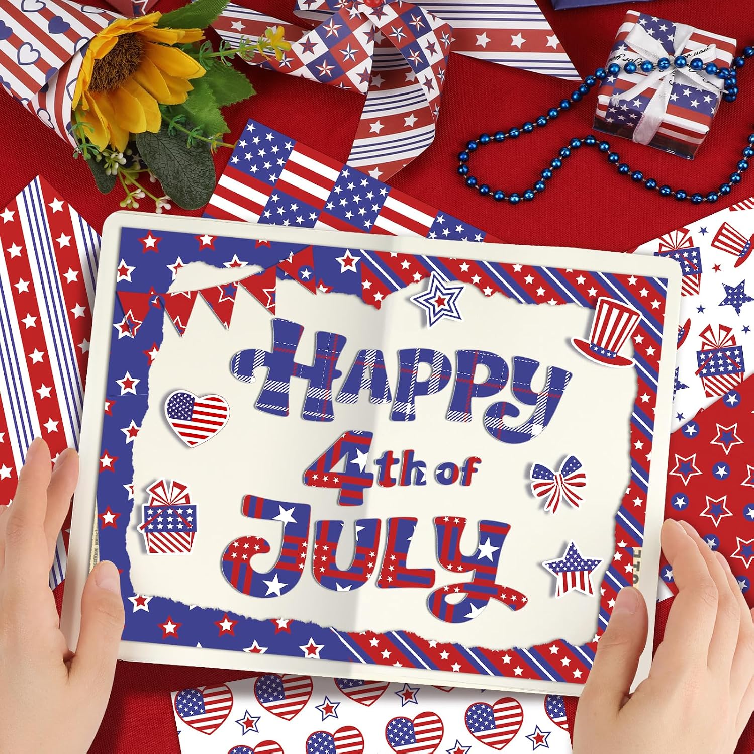 Konsait 24 Sheets Patriotic Scrapbook Paper, 6x6 Double-Sided 4th of July Pattern Paper, 12 Unique Red White Blue Designs for Independence Day, Memorial Day Crafts