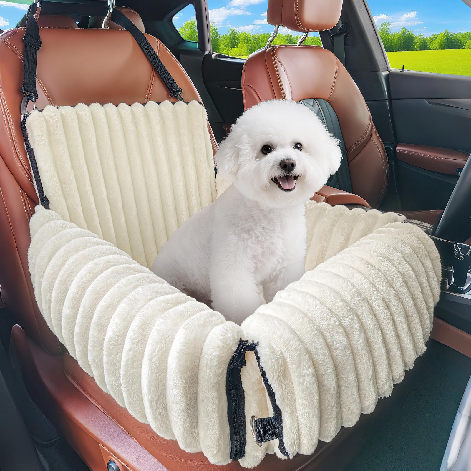 MIXJOY Hunde Autositz für kleine bis mittlere Hunde, Waschbarer Ansteckbare Leine verdickter Memory-Schaum-Füllung, Hundebett Auto für Rückbank Vordersitz, Beige