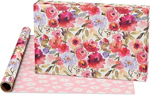 Miniatura 2 de American Greetings Juego de papel de regalo reversible de flores de 120 pies cuadrados para cumpleaños, bodas, despedidas de soltera, flores, rayas