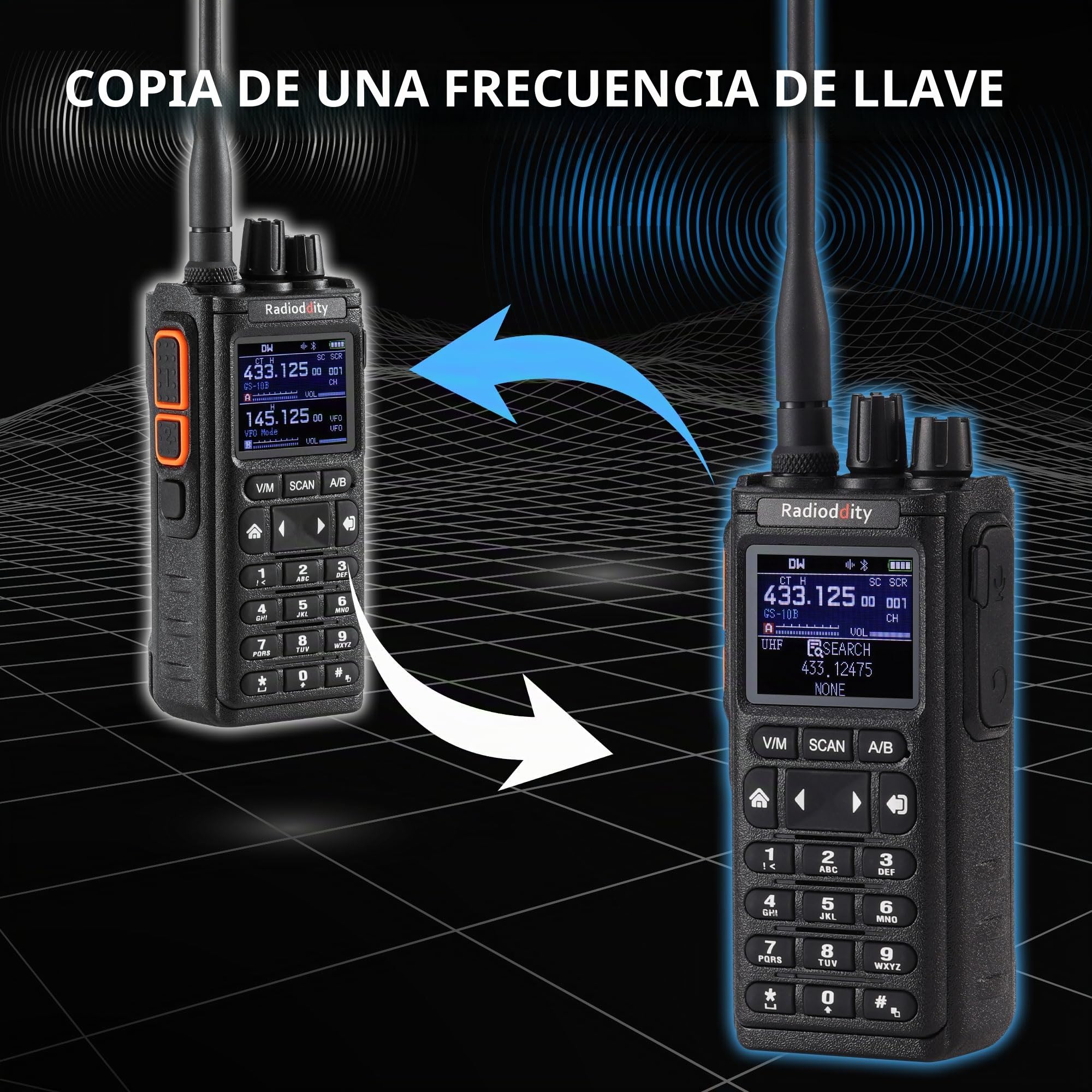 Radioddity GS-10B Radio Ham 8W, Radio Bidireccional Largo Alcance con Programación App Inalámbrica, UHF VHF FM Aviación, Dual PTT, Batería 2500mAh & USB-C, Reducción Ruido & Sincroniz de Canales