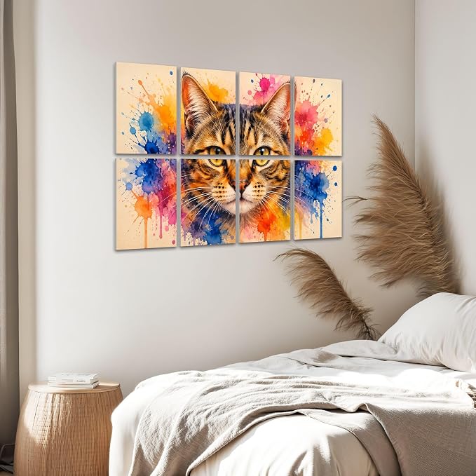 8 Pack Paneles Acústicos de Arte, Paneles Decorativos de Pared que Absorben Sonido, Diseño de Retrato de Gato Acuarela Vibrante, Autoadhesivos para Estudios de Grabación en Casa 48"x32" miniatura 6