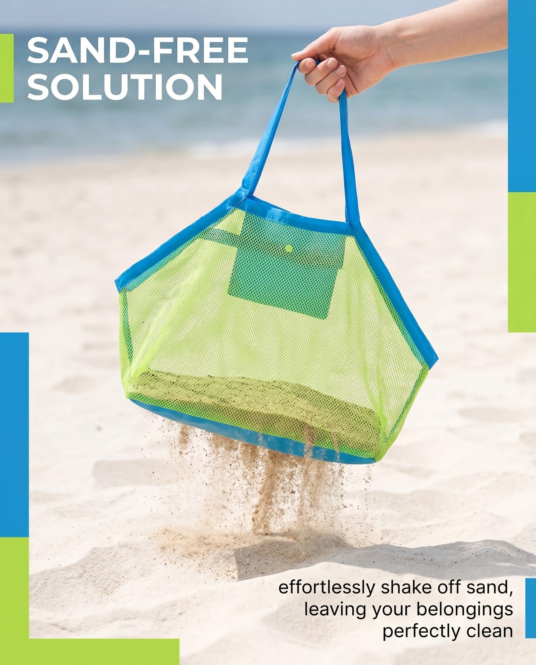 Bolsa de Malla de Playa de Poliéster 2 Unidades,Tamaño Grande y Pequeño,Bolsa Plegable Portátil Reutilizable para Almacenar Juguetes de Playa para Niños