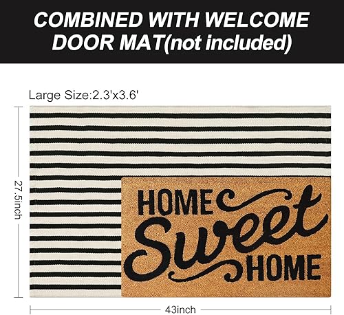 Vista 143 de Alfombra de exterior a rayas blancas y negras, 3 x 5 pies, de algodón, moderna, tejida a mano, reversible, alfombra de patio lavable en capas para 1