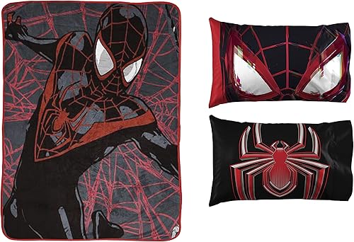 Jay Franco Marvel Miles Morales - Manta infantil de 3 piezas, incluye manta, fundas de almohada