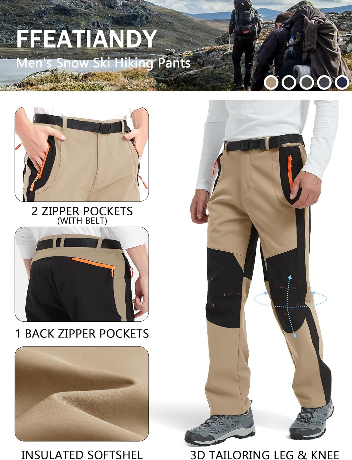 Men's Hiking Snow Ski Pants Softshell Fleece Lined Winter Water Repellent Outdoor Fishing Cargo Pants - Image 5