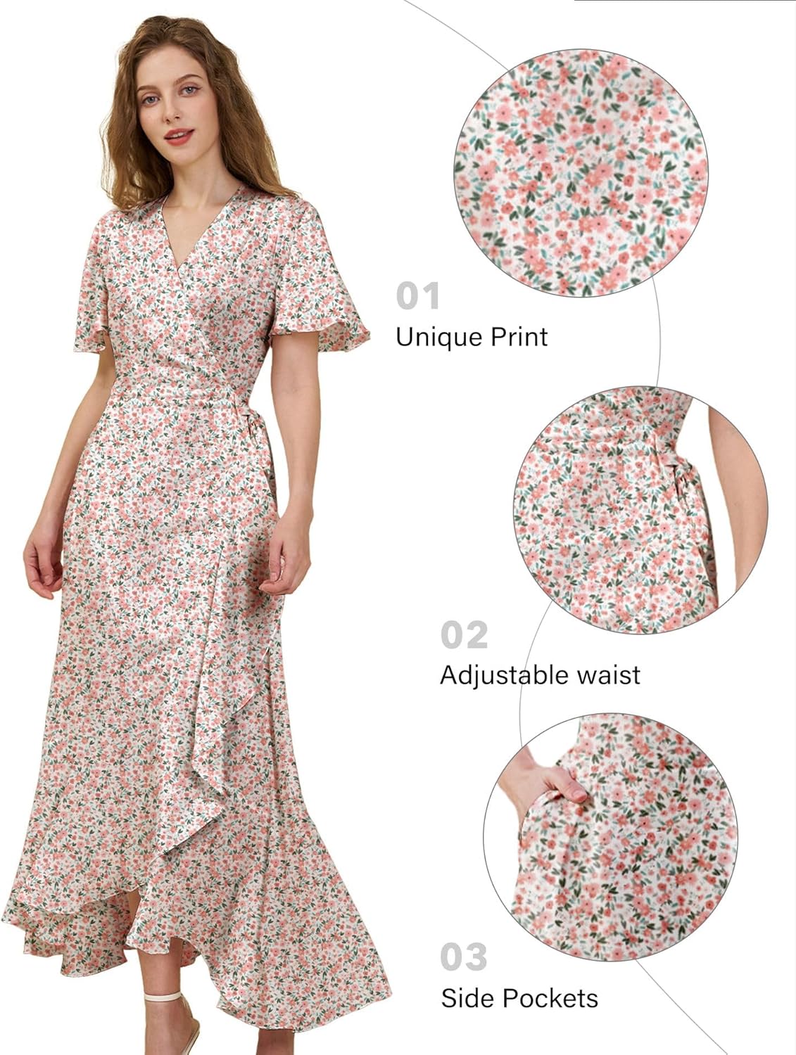 Women's Bohemian Floral Wrap Maxi Dress 2025 Summer Split Short Sleeve Boho Belted Flowy Dresses with Pockets - Image 6