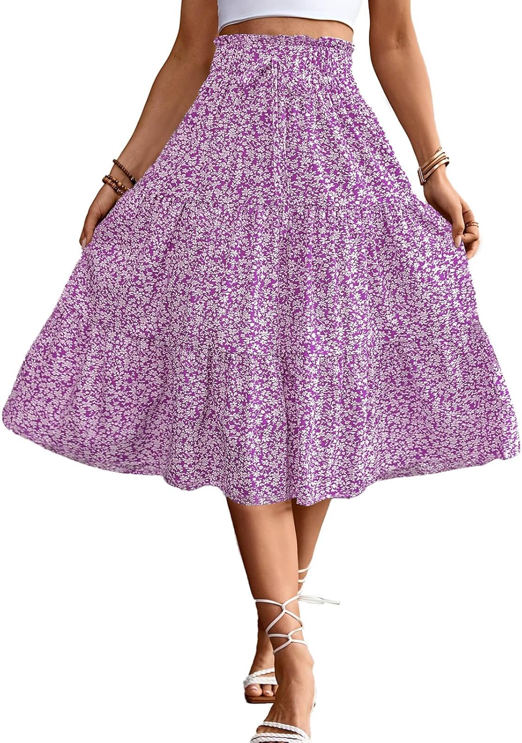 MSLG Women's High Elastic Waist Midi Skirt Casual Summer Trendy Tie Front Flowy Ruffle Floral Print A line Skirts 626 - Image 2