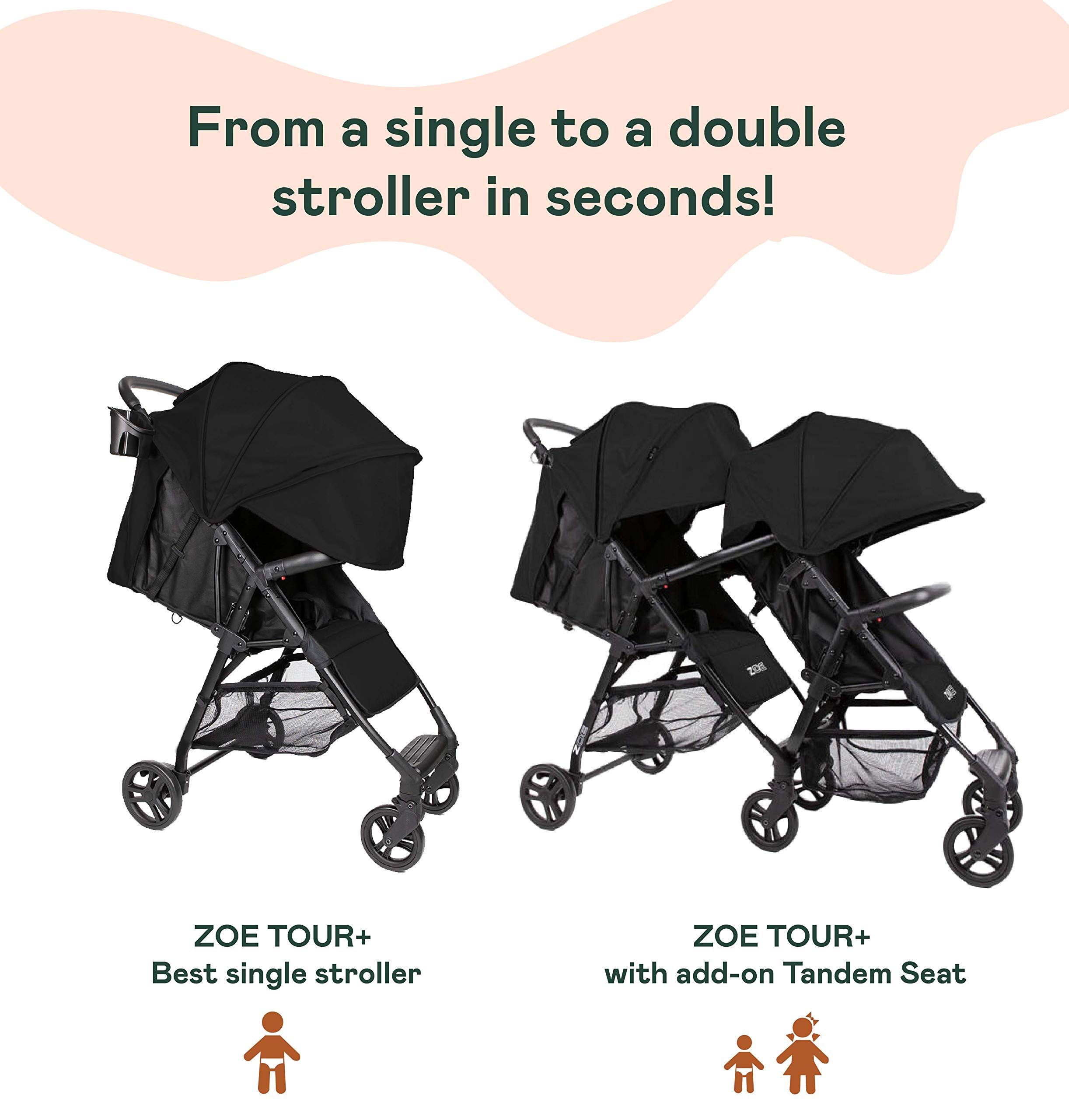 The Tandem+ (ZOE XL1) Best Lightweight Travel and Everyday Tandem Stroller System with
