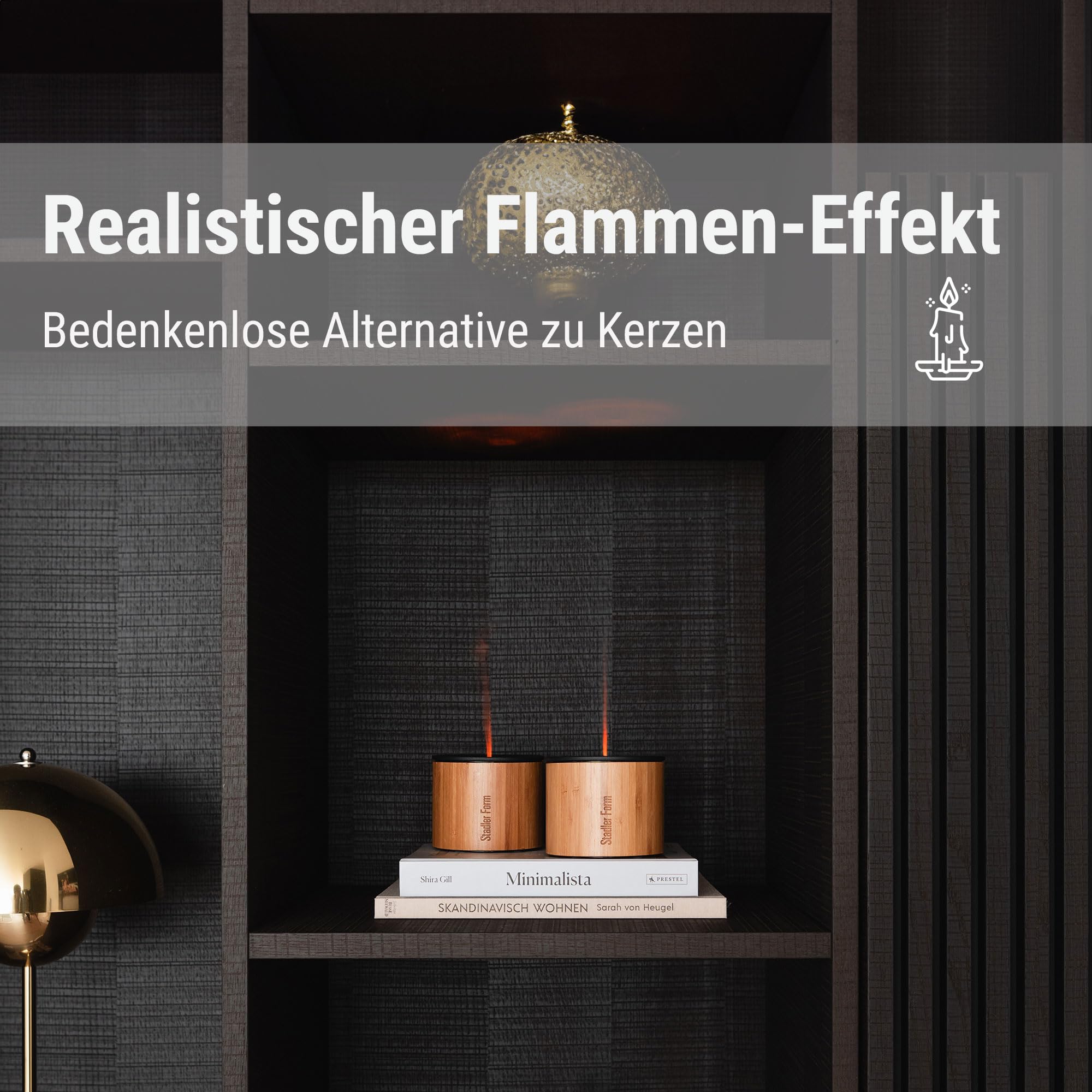 Stadler Form Aroma Diffuser und Laterne Sophie, kabellos | Für ätherische Öle, Ultraschall, für drinnen und draußen, Flammen-Effekt, Akkubetrieb bis 11 h, schwarz mit Bambus-Griff