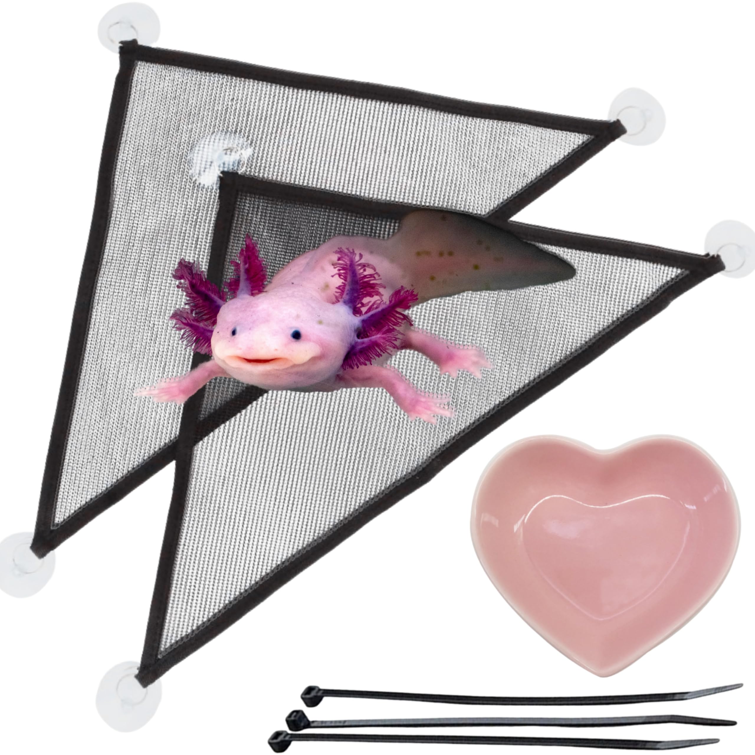 Axolotl Hammock for Aquarium and Ceramic Feeding Dish, Axolotl Hammock, Reptile Triangle Hammocks with Tray Feeder, Axolotls Accessories for Tank, Bearded Dragon Tank Accessories (Black, M)