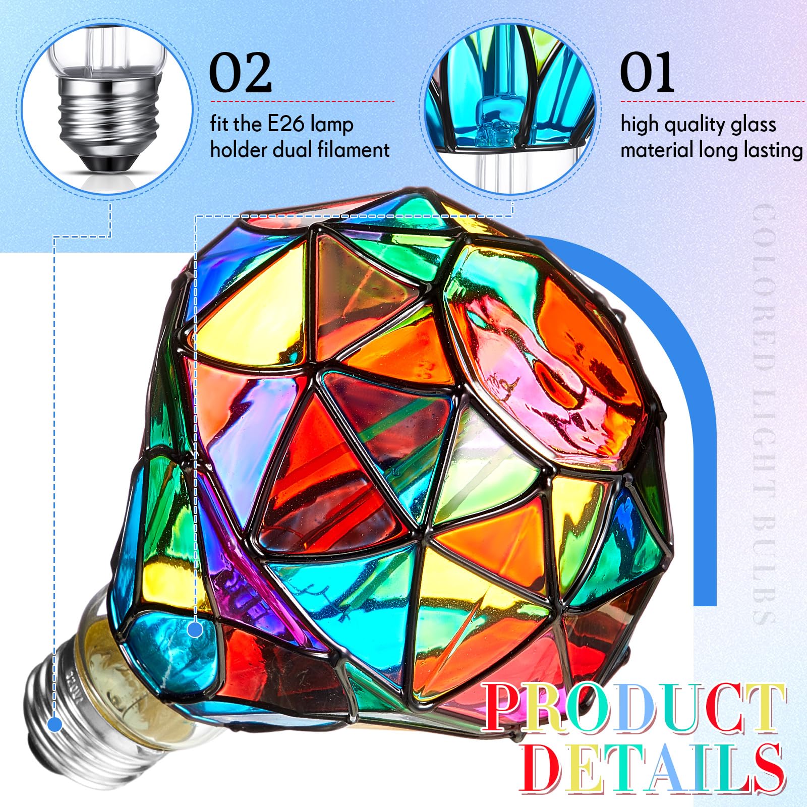 Baquler Buntglas-LED-Glühbirne, E26-Sockel, A60, bunt, 120 V, flackernde Glühbirnen für Weihnachten, Zuhause, Balkon, Garten, Party-Dekoration (Diamantform, 6 W), 2 Stück