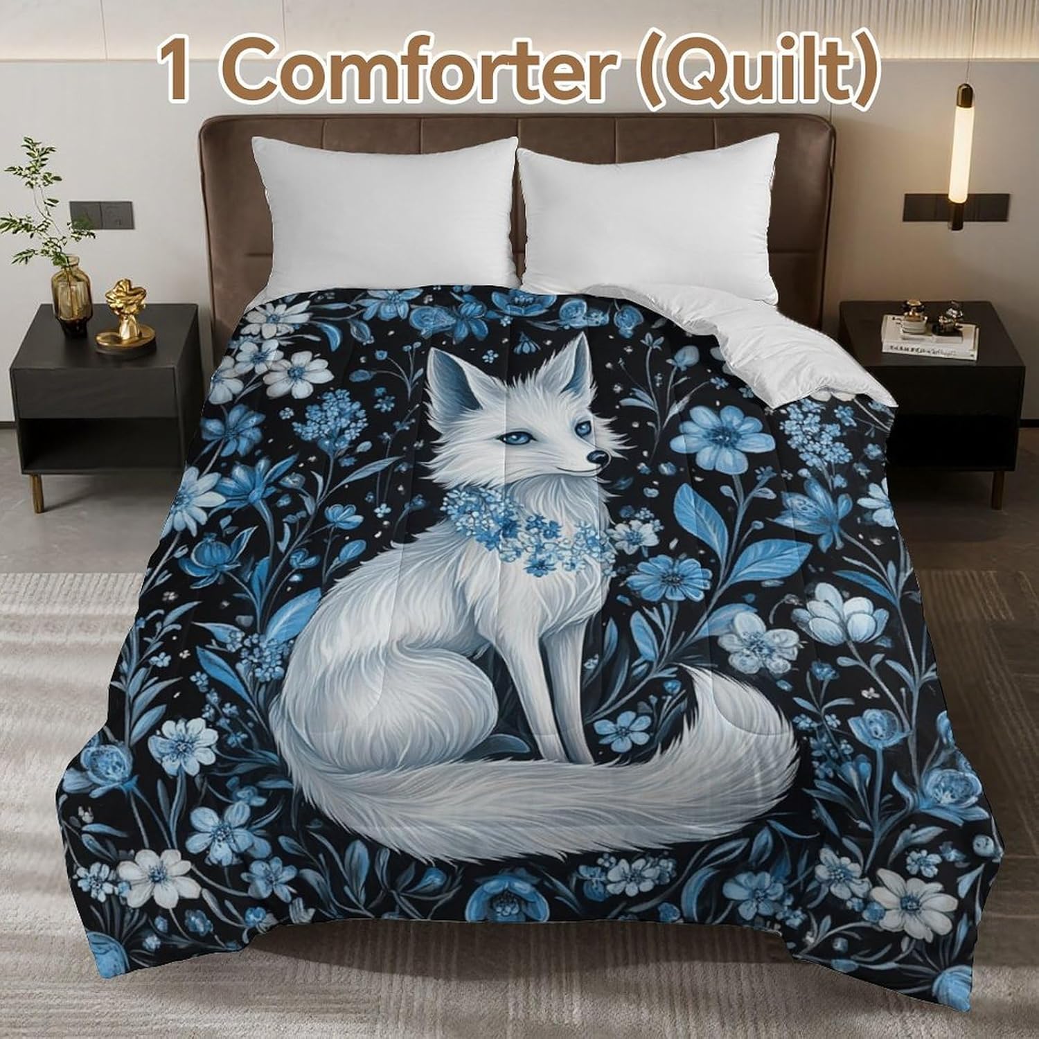 White Fox in Flowers Comforter Bedding Heavy Bed Blanket Soft Warm Fluffy All Seasons Only Quilt 229x229cm