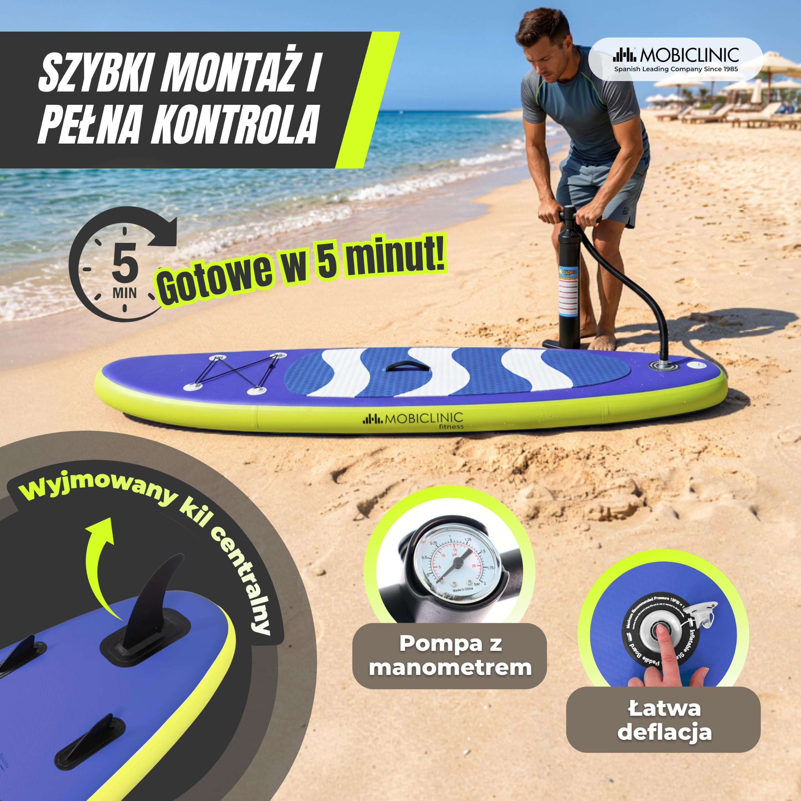 Mobiclinic®, Deska do Paddleboardingu, Zawiera Pompkę, Płetwy, Plecak, Wiosło, Etui na Telefon, Zestaw Naprawczy, 315x78x15 cm, Składana, do 150 kg, dla Dzieci, Dorosłych i Zwierząt Domowych, Stitch